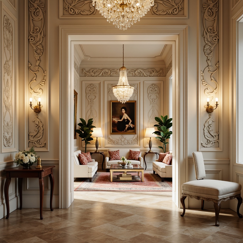 Prompt: Elegant neoclassical interior, soft cream walls, rich wood accents, ornate moldings, crystal chandeliers, luxurious velvet fabrics, subtle gold leafing, warm beige marble floors, classic oil paintings, intricate carvings, subtle ivory tones, romantic candlelight, shallow depth of field, 1/1 composition, realistic textures, ambient occlusion.