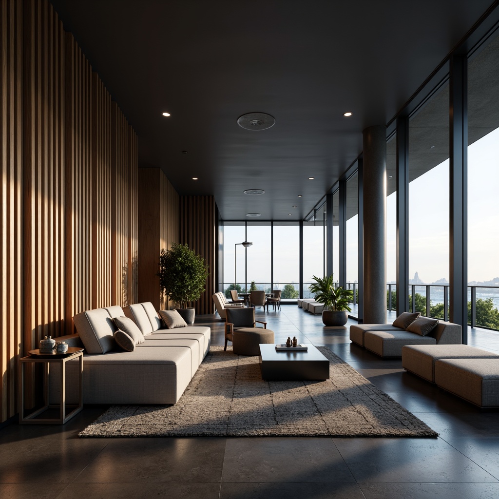 Prompt: Streamlined modern interior, sleek lines, minimal ornamentation, monochromatic color scheme, polished chrome accents, luxurious textiles, ambient indirect lighting, recessed ceiling lights, floor-to-ceiling windows, natural daylight, soft warm glow, 1/1 composition, shallow depth of field, realistic reflections, subtle shading, atmospheric rendering.