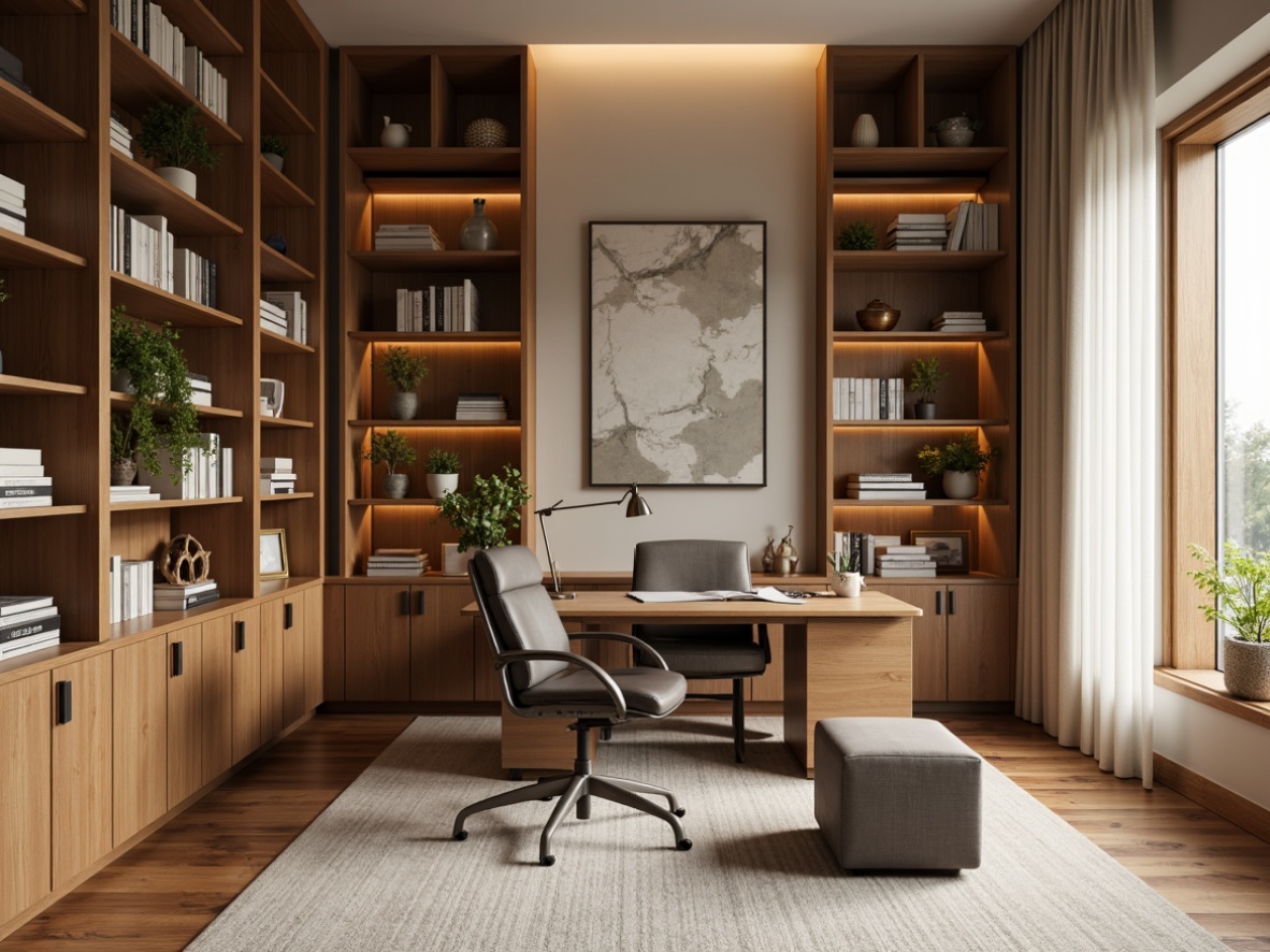 Prompt: Sophisticated home office, warm beige walls, rich wood paneling, floor-to-ceiling bookshelves, comfortable ergonomic chair, sleek metal desk, modern task lamp, abstract artwork, subtle texture, calming color palette, soft natural light, shallow depth of field, 1/1 composition, realistic rendering, ambient occlusion.