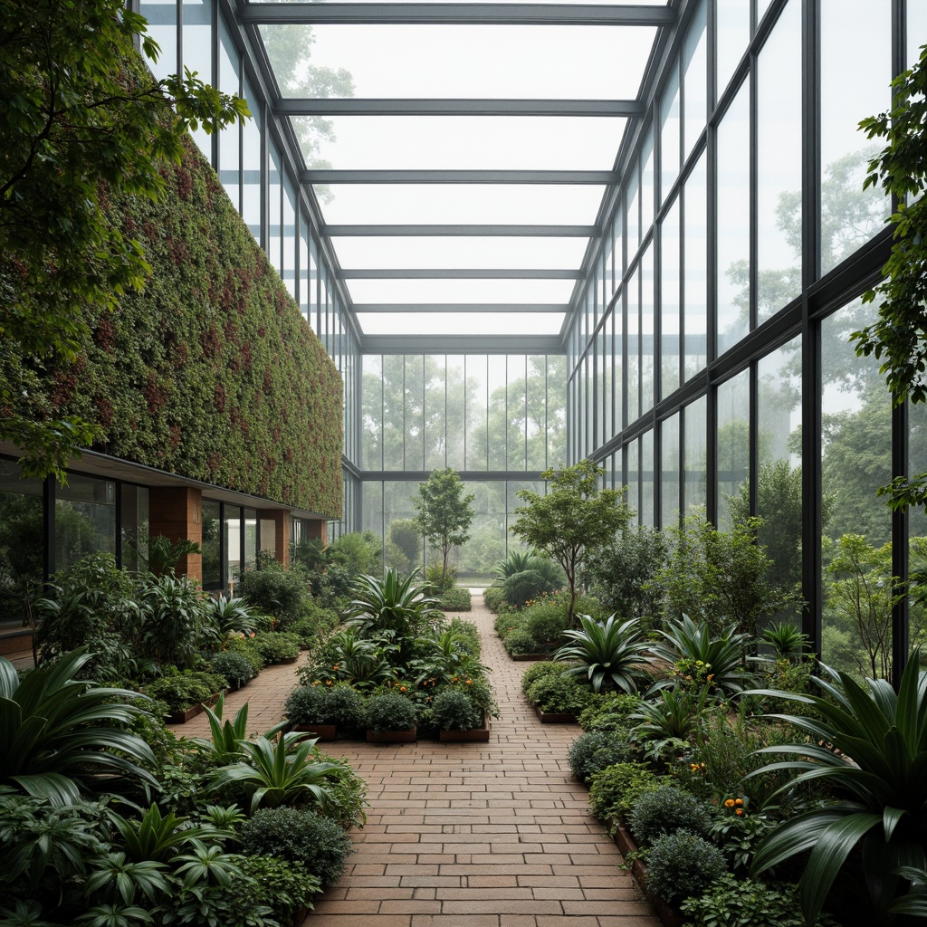 Prompt: Sleek greenhouse, minimalist architecture, transparent glass walls, industrial metal frames, lush greenery, tropical plants, natural stone flooring, wooden accents, recycled materials, living walls, vertical gardens, soft diffused lighting, misty atmosphere, shallow depth of field, 1/1 composition, realistic textures, ambient occlusion, earthy tones, organic shapes, subtle color palette.