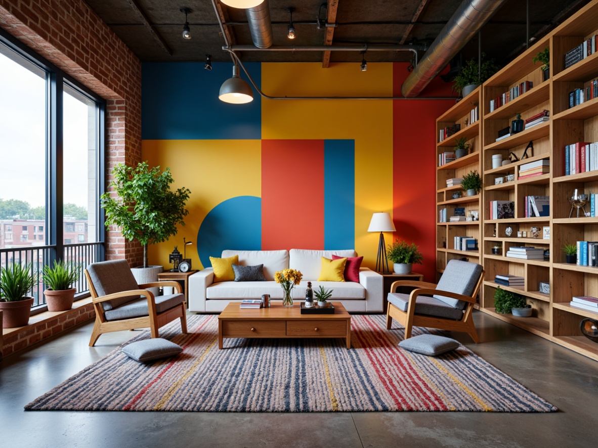 Prompt: Vibrant eclectic interior, mix-and-match furniture, bold color blocking, textured rug, statement lighting fixtures, industrial-chic decor, exposed brick walls, polished concrete floors, floor-to-ceiling windows, sliding glass doors, cozy reading nooks, built-in shelving units, functional storage solutions, multi-functional spaces, adaptable layouts, dynamic room divisions, urban loft-inspired ambiance, natural materials, reclaimed wood accents, metallic tones, eclectic art pieces, lively patterned textiles.