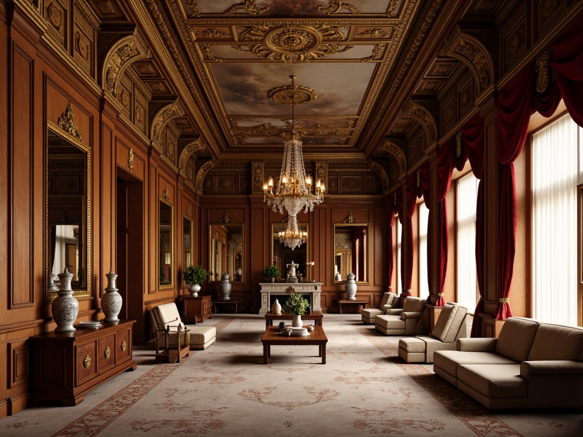 Prompt: Opulent palace interior, intricately carved wooden paneling, gilded mirrors, ornate chandeliers, lavish furnishings, velvet drapes, satin upholstery, delicate porcelain vases, antique clocks, ornamental moldings, curved lines, soft warm lighting, shallow depth of field, 1/1 composition, realistic textures, ambient occlusion.