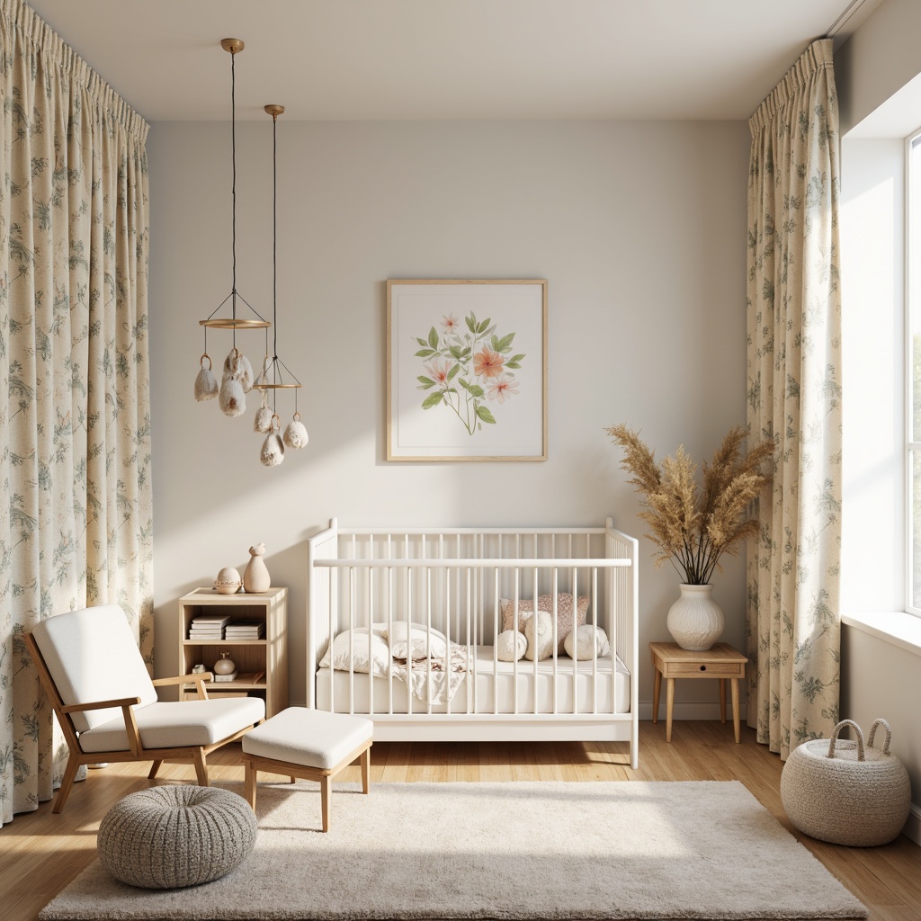 Prompt: Whimsical baby nursery, soft pastel colors, plush area rug, white crib, delicate mobiles, floral patterned curtains, sheer drapes, warm wooden accents, minimalist furniture, modern lighting fixtures, subtle texture contrasts, gentle color gradations, 1/2 composition, shallow depth of field, warm afternoon light, realistic fabric textures, ambient occlusion.