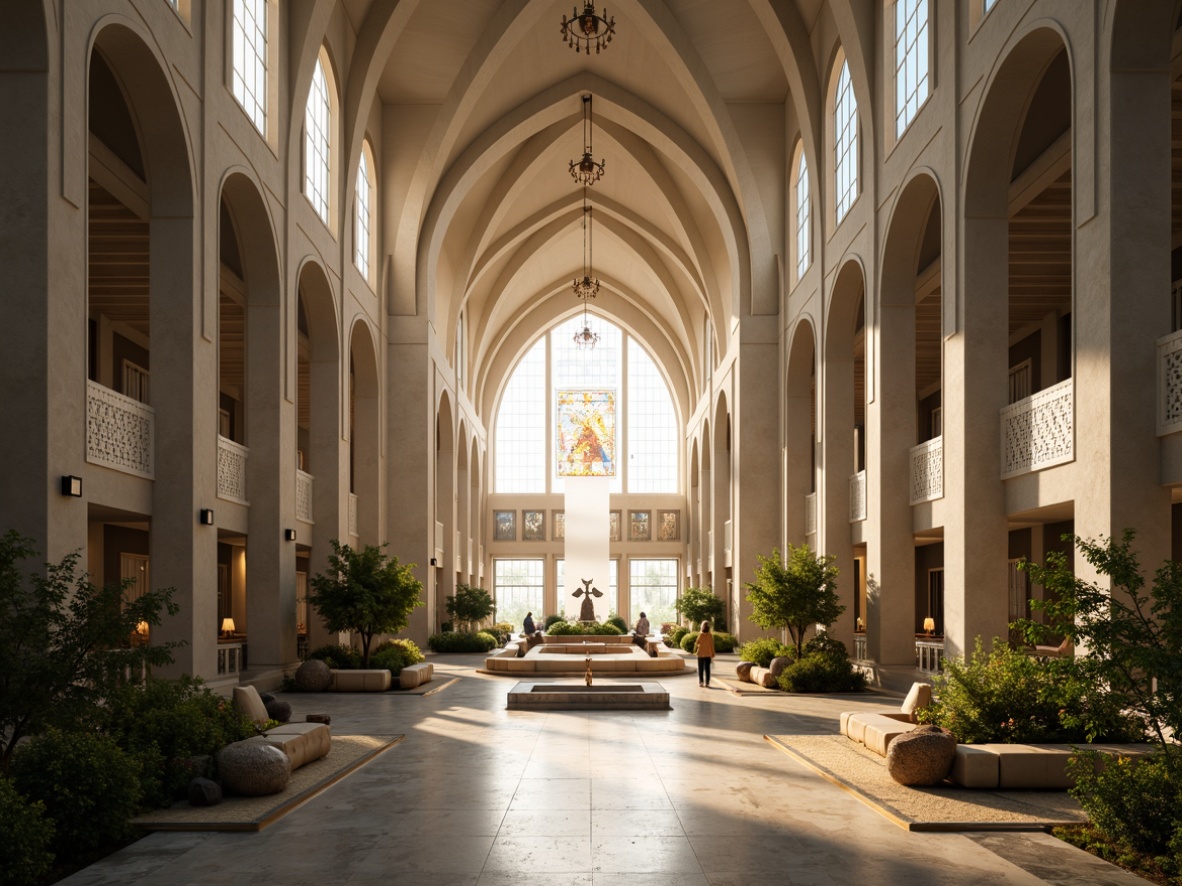 Prompt: Ethereal cathedral, curved lines, minimalist decor, sacred symbols, stained glass windows, ornate chandeliers, polished marble floors, sweeping arches, vaulted ceilings, tranquil ambiance, soft warm lighting, shallow depth of field, 1/1 composition, symmetrical framing, heavenly atmosphere, celestial-inspired motifs, gleaming metal accents, luxurious fabrics, intricate mosaics, spiritual artifacts, serene water features, lush greenery, peaceful courtyards.