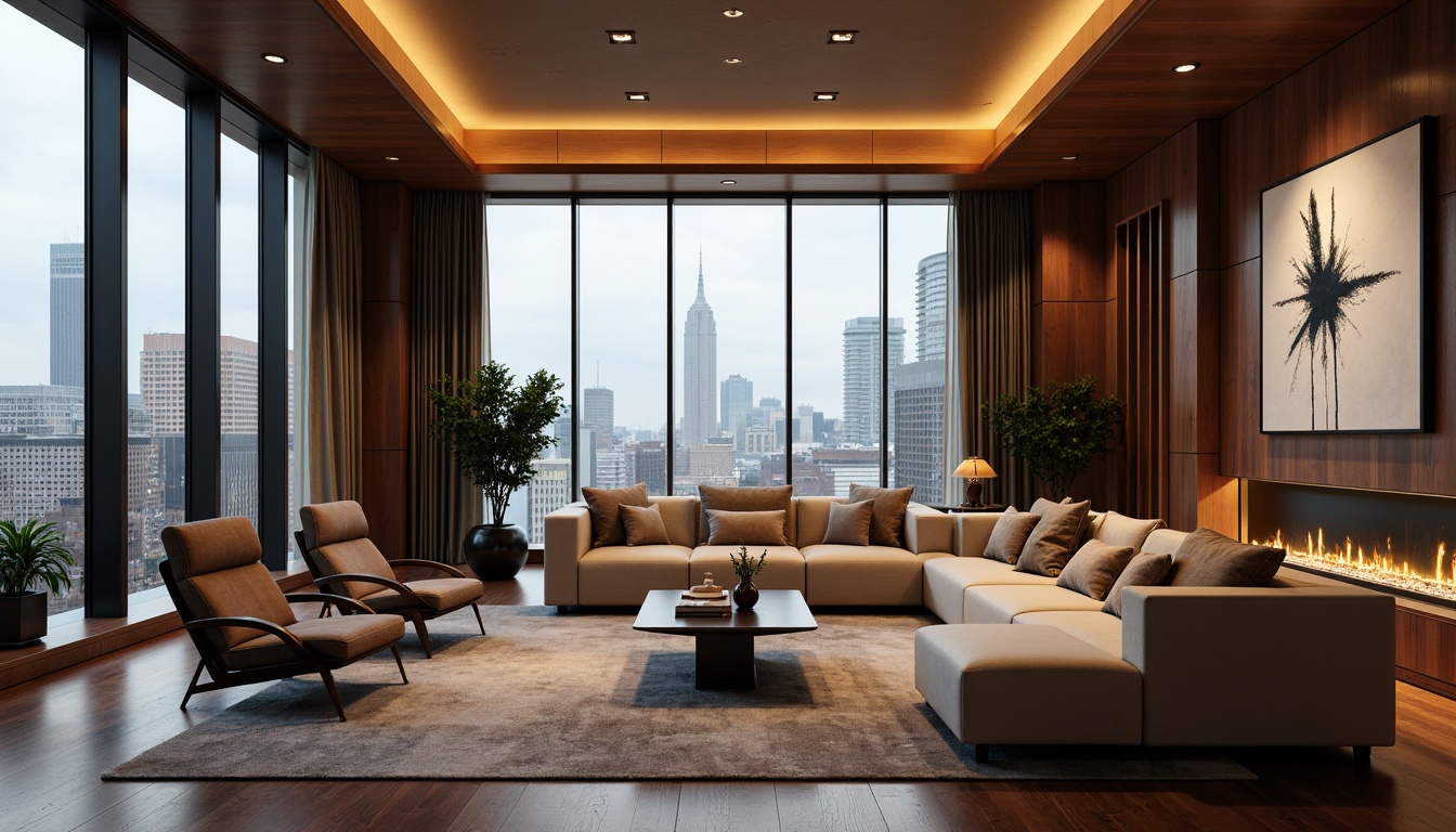 Prompt: Luxurious living room, streamlined moderne furniture, rich wood accents, high-gloss finishes, metallic chrome details, velvety soft upholstery, ambient warm lighting, floor-to-ceiling windows, urban city views, 1/1 composition, shallow depth of field, realistic reflections, subtle gradient textures, lavish decorative accessories, abstract artwork, minimalist decor, sleek lines, sophisticated color palette.