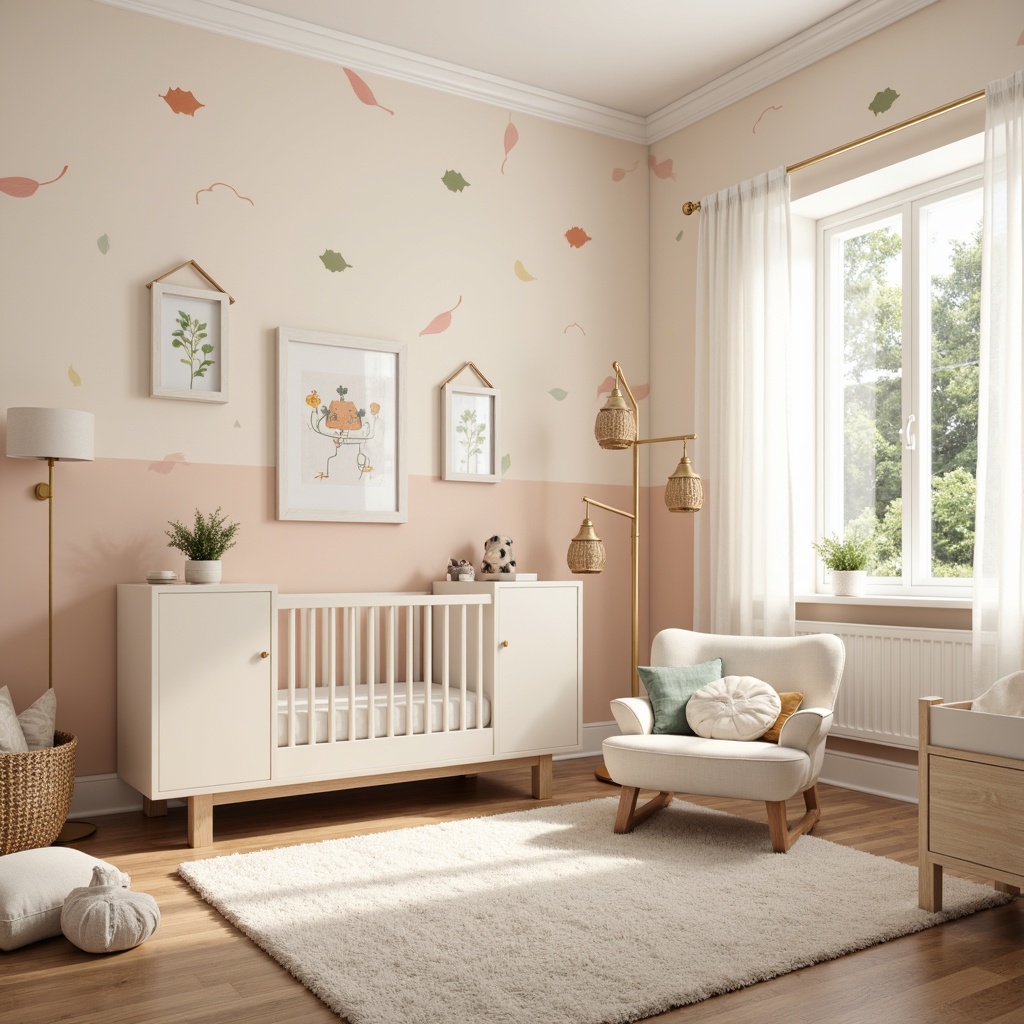 Prompt: Soft pastel colors, whimsical wall decals, plush area rug, modern crib, minimalist dresser, elegant changing table, creamy white furniture, delicate mobiles, gentle lighting, sheer curtains, botanical prints, subtle textures, 3/4 composition, shallow depth of field, warm beige walls, natural wood accents, creamy whites, soft peach tones, playful polka dots, vintage-inspired decor, modern baby gear, comfortable glider, peaceful atmosphere.