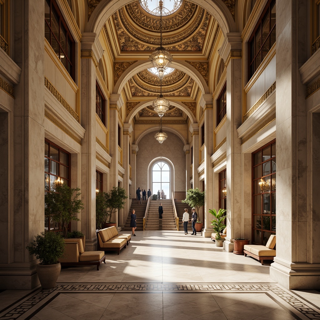 Prompt: Grandiose exhibition center, neoclassical columns, ornate capitals, intricate carvings, polished marble floors, elegant archways, symmetrical facades, majestic staircases, opulent chandeliers, lavish furnishings, regal color palette, gold accents, subtle texture variations, softbox lighting, 1/2 composition, cinematic view, realistic reflections, ambient occlusion.