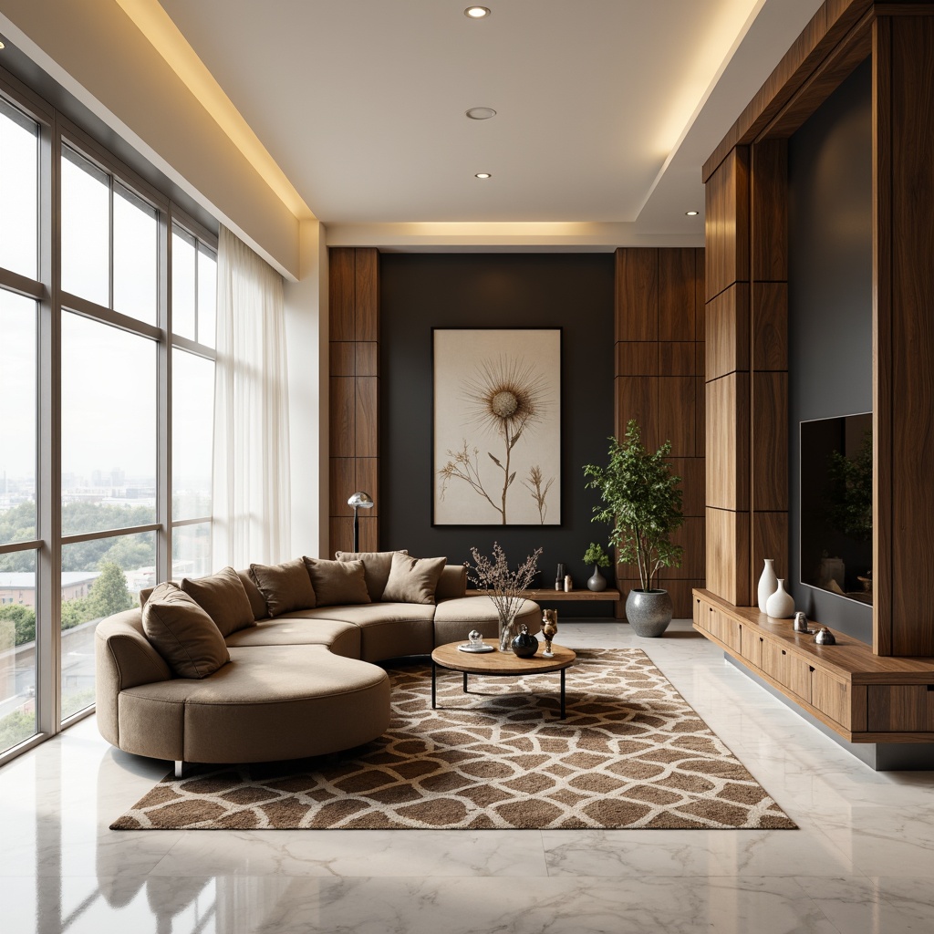 Prompt: Luxurious living room, curved lines, minimal ornamentation, polished chrome accents, matte black surfaces, rich walnut wood panels, creamy white marble floors, soft velvety sofas, geometric patterned rugs, floor-to-ceiling windows, abundant natural light, warm golden lighting, shallow depth of field, 2/3 composition, realistic reflections, ambient occlusion, elegant simplicity, sophisticated minimalism.