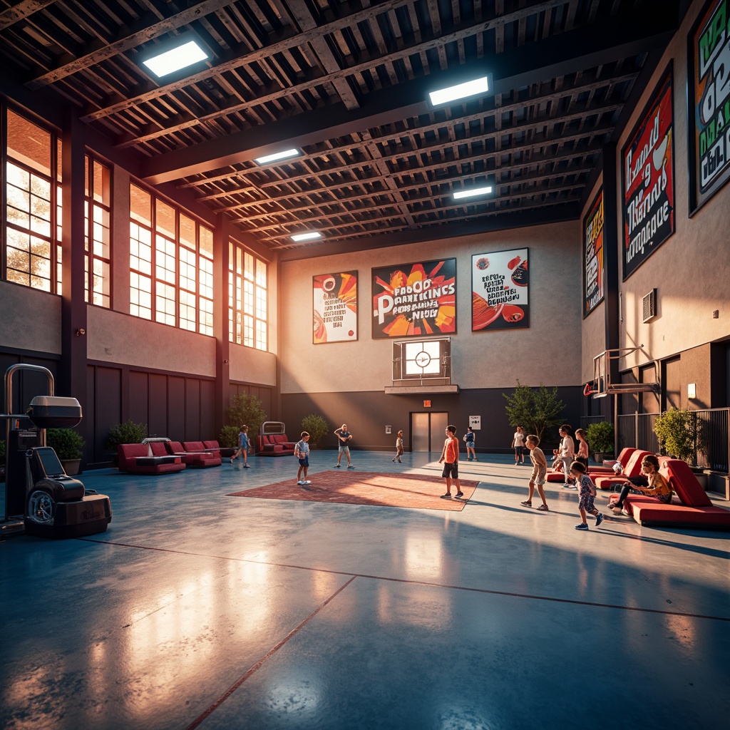 Prompt: Vibrant gymnasium, bright overhead lighting, warm color temperature, dynamic shadows, energetic atmosphere, modern sports equipment, sleek metallic surfaces, motivational quotes, high-contrast highlights, shallow depth of field, 1/2 composition, realistic textures, ambient occlusion.