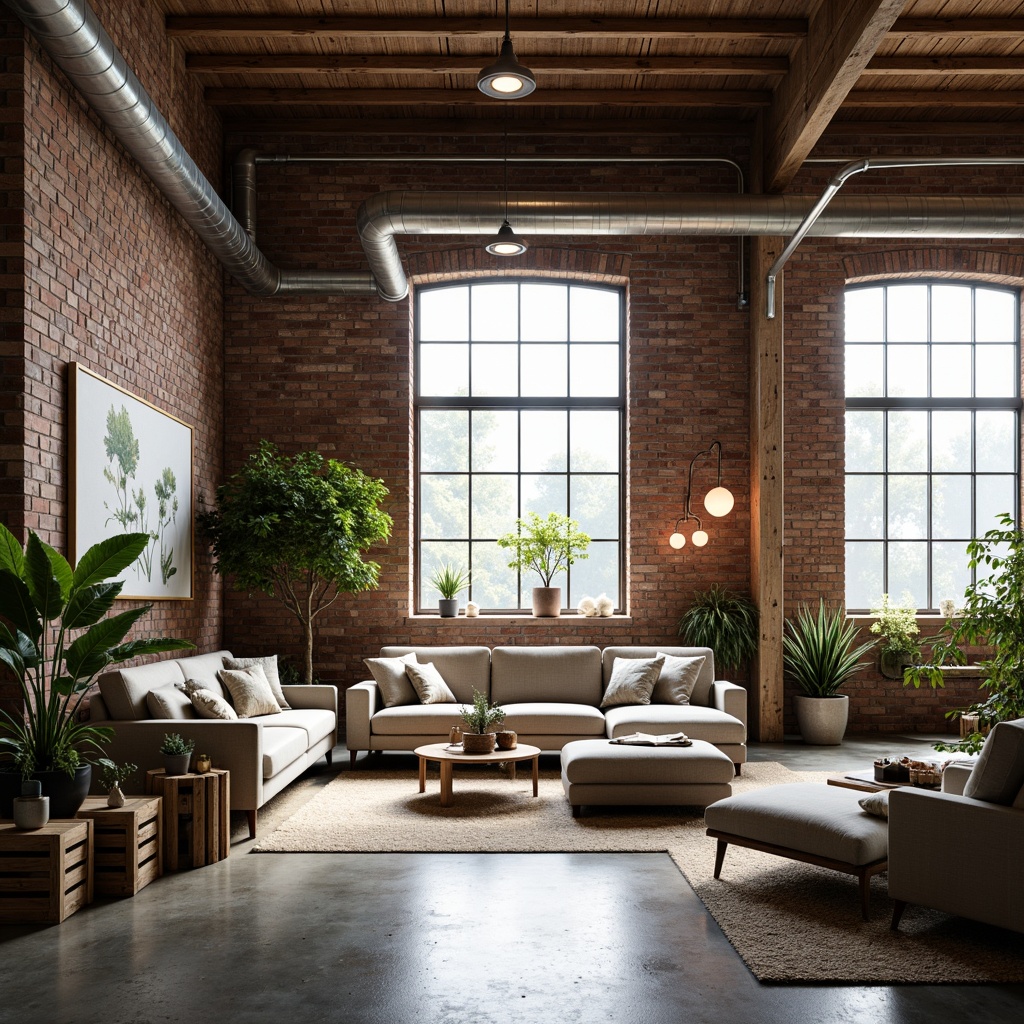 Prompt: Industrial warehouse space, minimalist Scandinavian design, exposed brick walls, polished concrete floors, reclaimed wood accents, metal beams, functional industrial lighting, cozy reading nooks, comfortable sofas, plush throw blankets, nature-inspired textiles, botanical prints, large windows, natural light, airy atmosphere, 3/4 composition, shallow depth of field, soft warm lighting, rustic wooden crates, potted plants, Nordic-inspired decorative elements.