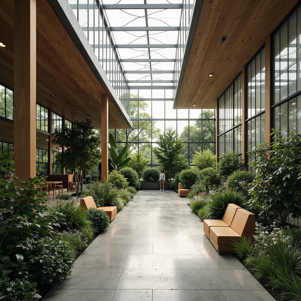 Prompt: Sleek modern greenhouse, minimalist architecture, vast open space, lush greenery, tropical plants, natural ventilation, abundant sunlight, warm wooden accents, industrial metal frames, transparent glass walls, sliding doors, polished concrete floors, simple seating areas, ambient soft lighting, shallow depth of field, 1/1 composition, panoramic view, realistic textures, subtle reflections.