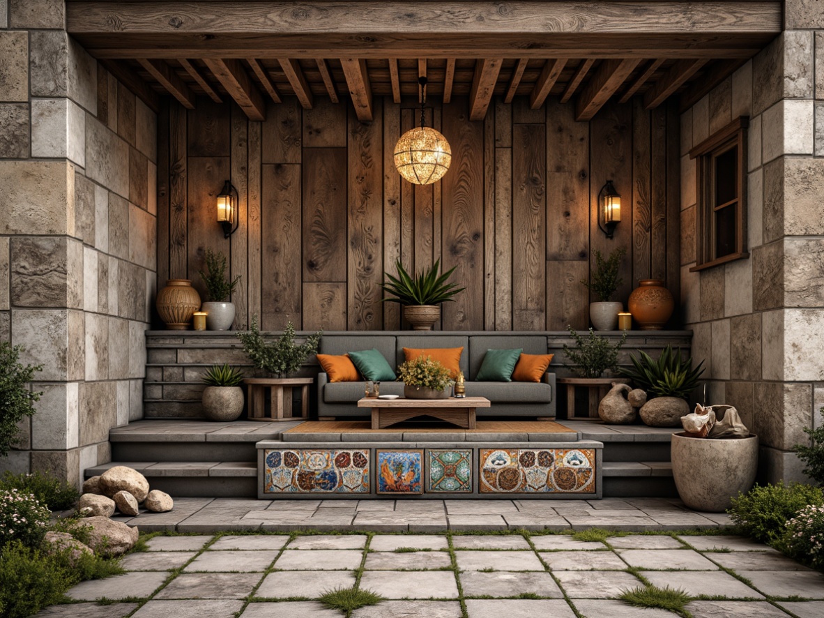 Prompt: Rustic stone walls, weathered wooden planks, distressed metal facades, ornate ceramic tiles, vibrant mosaic patterns, intricate stonework, rough-hewn boulders, reclaimed wood accents, industrial metal beams, exposed brick columns, natural rock formations, earthy color palette, warm ambient lighting, shallow depth of field, 1/1 composition, realistic textures, ambient occlusion.