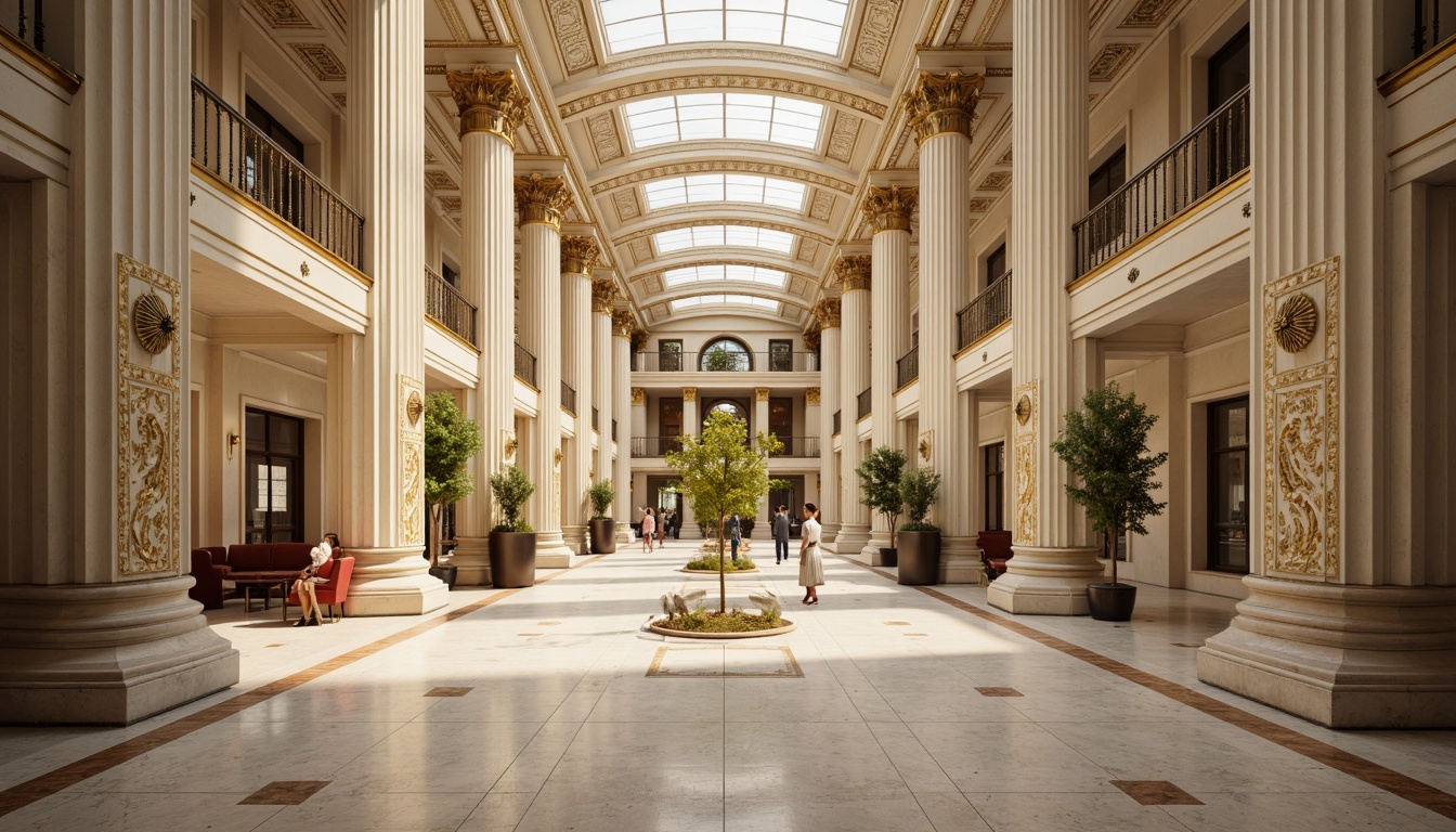 Prompt: Grand exhibition halls, high ceilings, ornate columns, Corinthian capitals, intricate carvings, polished marble floors, elegant chandeliers, soft warm lighting, shallow depth of field, 3/4 composition, panoramic view, realistic textures, ambient occlusion, Neoclassicism style, symmetrical facades, grand entranceways, sweeping staircases, ornate metalwork, lavish furnishings, velvet drapes, gold accents, creamy white walls, subtle arches, refined moldings.