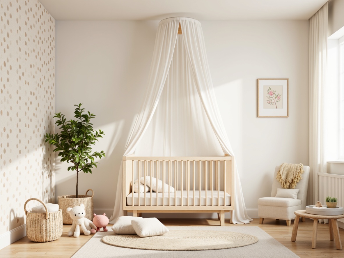 Prompt: Soft pastel colors, gentle nursery ambiance, crib with modern canopy, minimalist furniture, creamy white walls, warm beige accents, subtle texture contrasts, softbox lighting, 1/1 composition, shallow depth of field, calm atmosphere, baby-friendly materials, acoustic panels, sound-absorbing fabrics, soothing color palette, natural wood tones, eco-friendly wallpaper, whimsical wall decals, playful polka dots, gentle geometric patterns.