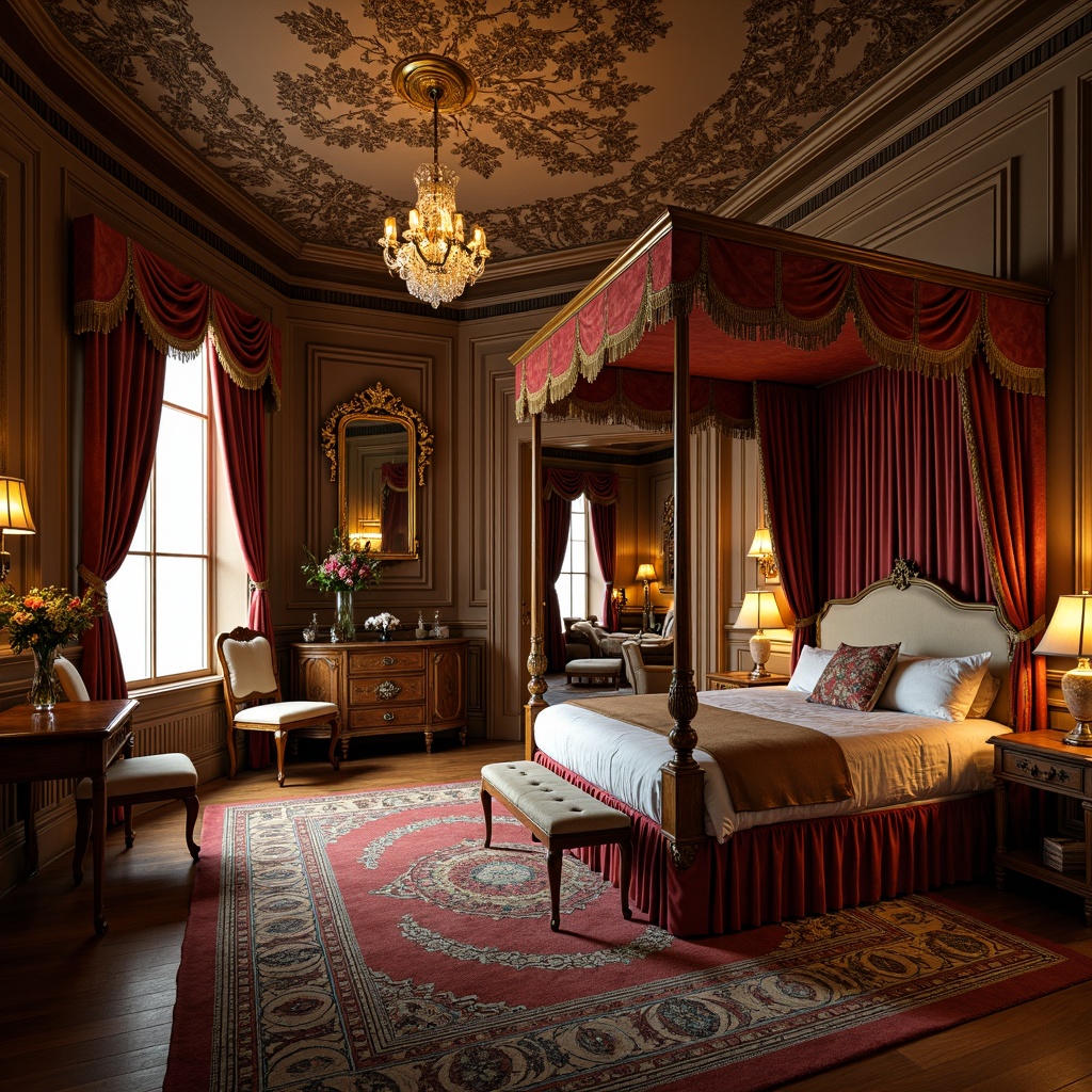 Prompt: Luxurious bedchamber, opulent velvet drapes, intricately carved wooden furniture, gilded mirrors, ornate plaster ceilings, crystal chandeliers, lavish tapestries, richly patterned rugs, imposing four-poster beds, delicate lace trimmings, soft golden lighting, warm candlelit ambiance, 1/2 composition, shallow depth of field, realistic textures, ambient occlusion.