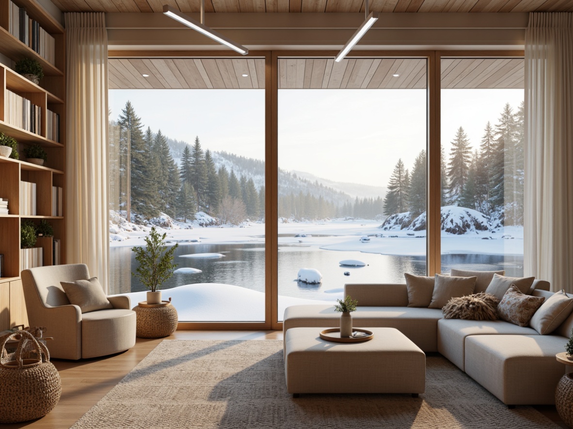 Prompt: Nordic inspired interior, soft warm lighting, calming color palette, natural wood tones, creamy whites, gentle blues, muted greens, earthy browns, textured rugs, woven baskets, minimalist decor, functional furniture, cozy reading nooks, floor-to-ceiling windows, snowy winter scenes, frozen lakes, misty forests, 1/1 composition, soft focus, atmospheric perspective.