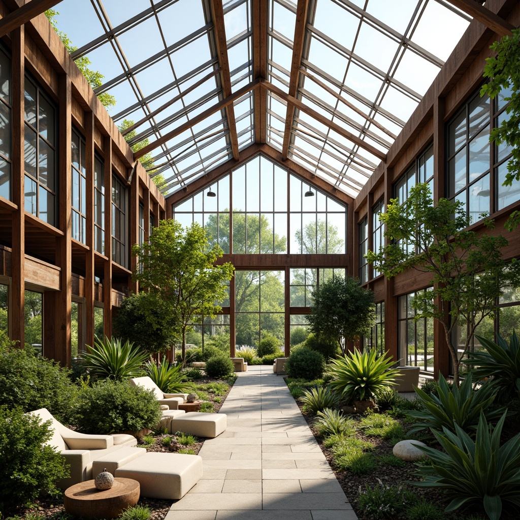 Prompt: Sleek greenhouse, minimalist architecture, lush greenery, tropical plants, natural stone floors, wooden trellis, iron frames, glass roofs, clerestory windows, sliding doors, warm sunny day, soft diffused light, high ceilings, open spaces, industrial chic decor, reclaimed wood accents, earthy tone color palette, organic shapes, effortless elegance, serene ambiance, 1/1 composition, shallow depth of field, realistic textures, ambient occlusion.