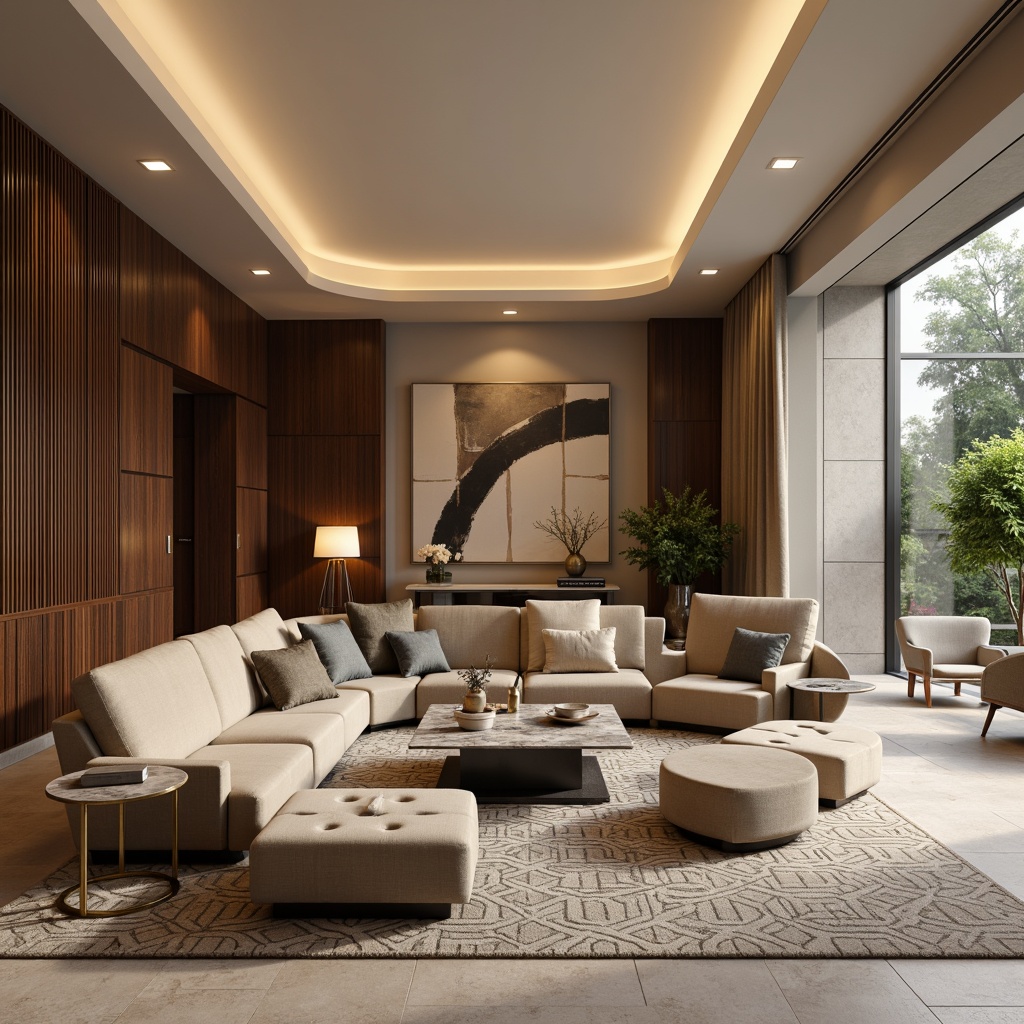 Prompt: Luxurious living room, curved lines, smooth surfaces, metallic accents, polished chrome fixtures, velvety sofas, tufted ottomans, geometric patterned rugs, marble coffee tables, sleek side tables, ambient floor lamps, warm beige walls, rich walnut wood paneling, minimalist decor, modern abstract artwork, greenery accents, natural stone flooring, soft diffused lighting, 1/1 composition, shallow depth of field, realistic textures.