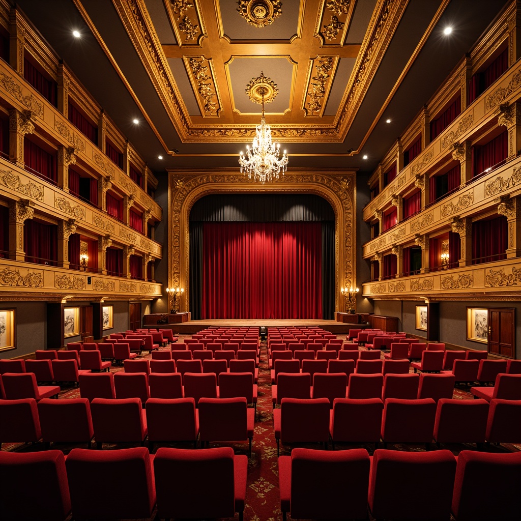 Prompt: Opulent auditorium, velvet red seats, golden ornate details, intricately carved wooden panels, crystal chandeliers, grandiose stage, red velvet curtains, gilded moldings, classicist architectural elements, ornate plaster ceilings, dramatic spotlights, soft warm lighting, shallow depth of field, 1/2 composition, realistic textures, ambient occlusion.