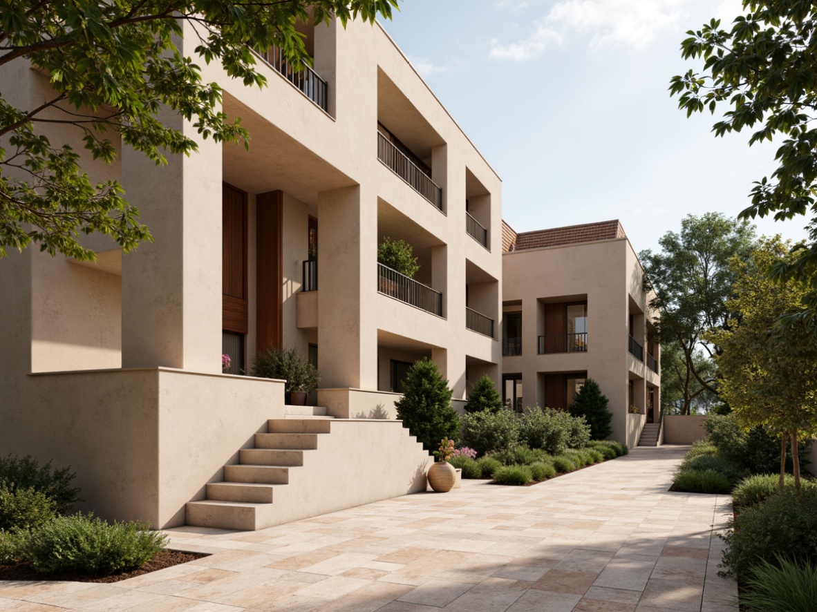 Prompt: Neutral beige courthouse facade, sleek modern lines, grand entrance staircase, polished granite flooring, rich wood accents, natural stone walls, subtle texture variations, earthy brown roof tiles, vibrant green courtyard, lush foliage, warm sunny day, soft diffused lighting, shallow depth of field, 3/4 composition, panoramic view, realistic textures, ambient occlusion.