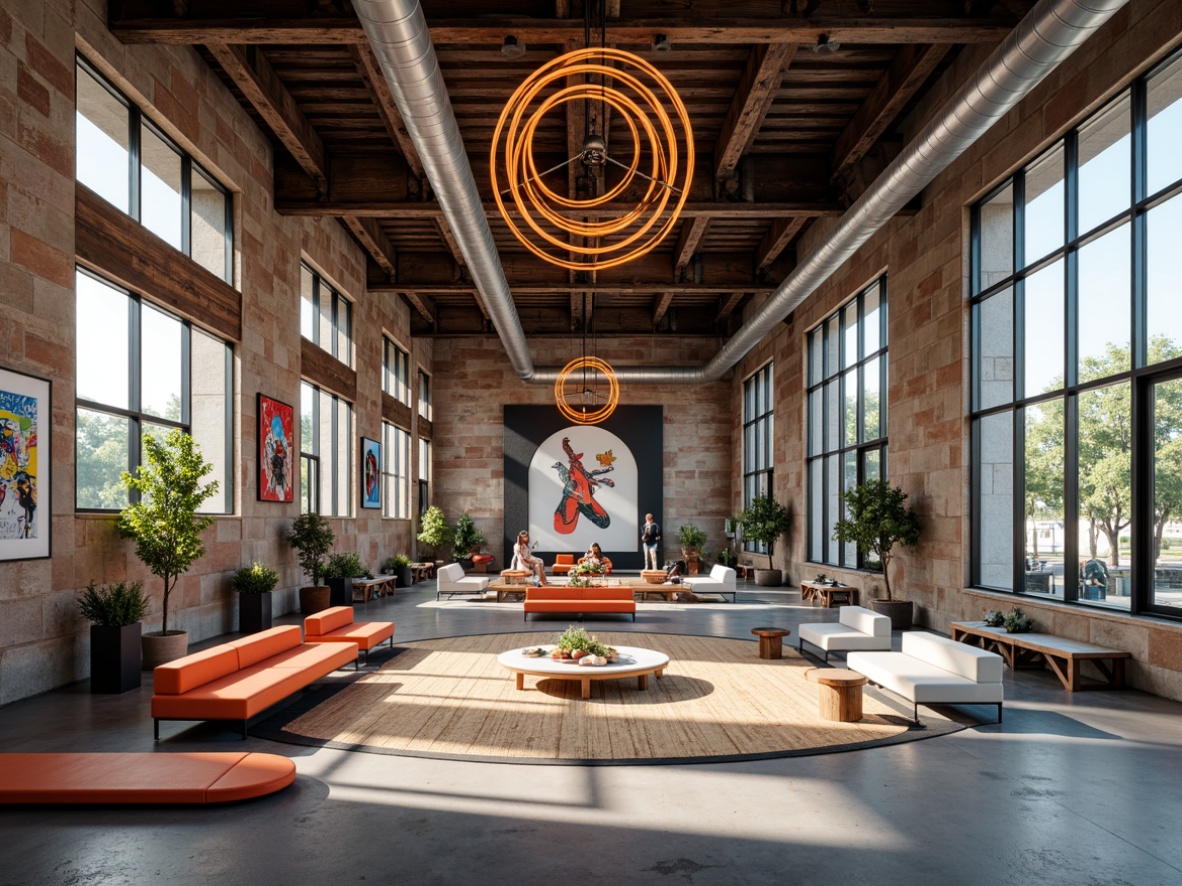 Prompt: Bold gymnasium interior, exposed ductwork, industrial chic, reclaimed wood accents, vibrant color scheme, eclectic mix of furniture styles, avant-garde chandeliers, minimalist seating areas, abstract art installations, polished concrete floors, brutalist architecture, large windows, natural light pouring in, dynamic shadows, shallow depth of field, 1/2 composition, symmetrical framing, high-contrast lighting, futuristic fitness equipment, neon-lit corridors, retro-futuristic accents.