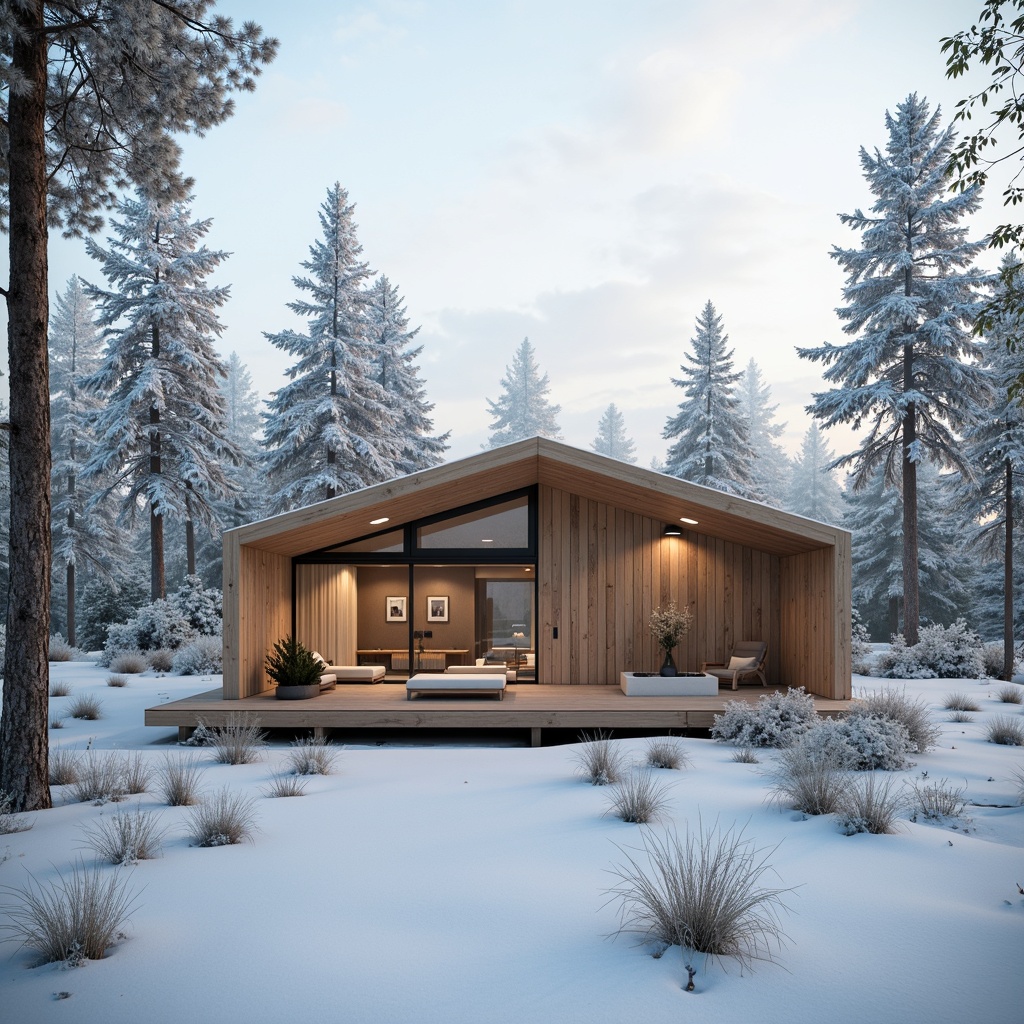 Prompt: Minimalist Nordic cabin, wooden accents, natural textures, earthy tones, calming whites, soft grays, muted blues, warm beiges, rustic woods, cozy atmosphere, snow-covered trees, frozen lakes, misty mornings, softbox lighting, shallow depth of field, 1/1 composition, intimate focus, realistic renderings, atmospheric fog.