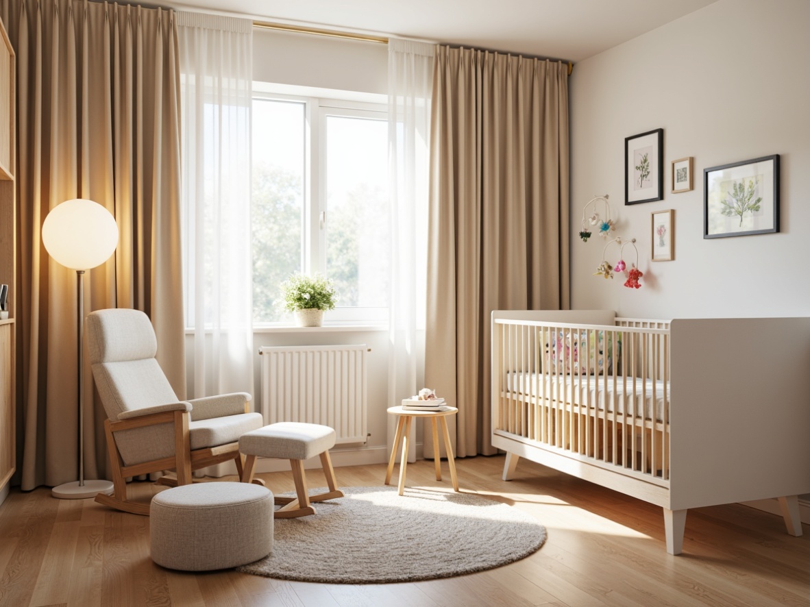 Prompt: Modern baby room, soft pastel colors, gentle wood tones, plush area rug, comfortable glider rocker, adjustable floor lamp, minimalist crib design, storage ottoman, changing table with storage, white furniture legs, rounded edges, safety gates, colorful wall art, whimsical mobiles, natural light pouring in, warm beige curtains, cozy reading nook, 1/2 composition, soft focus, subtle textures, ambient lighting.