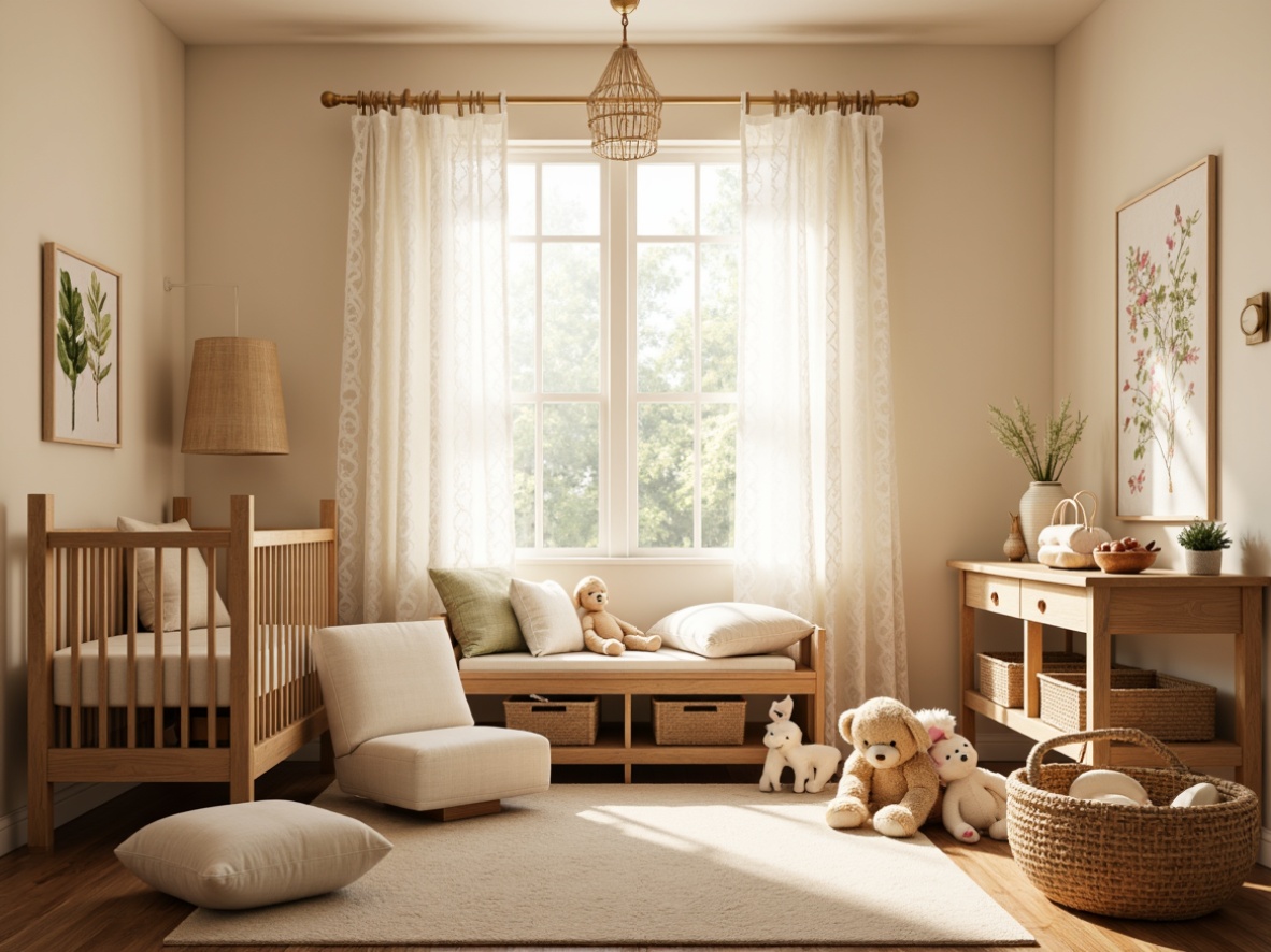 Prompt: Soft warm lighting, gentle glow, creamy whites, pastel colors, baby's crib, plush toys, wooden furniture, natural fabrics, woven baskets, delicate lace curtains, warm beige walls, comfortable reading nook, oversized pillows, soft area rug, calming atmosphere, serene ambiance, 1/2 composition, shallow depth of field, realistic textures, ambient occlusion.