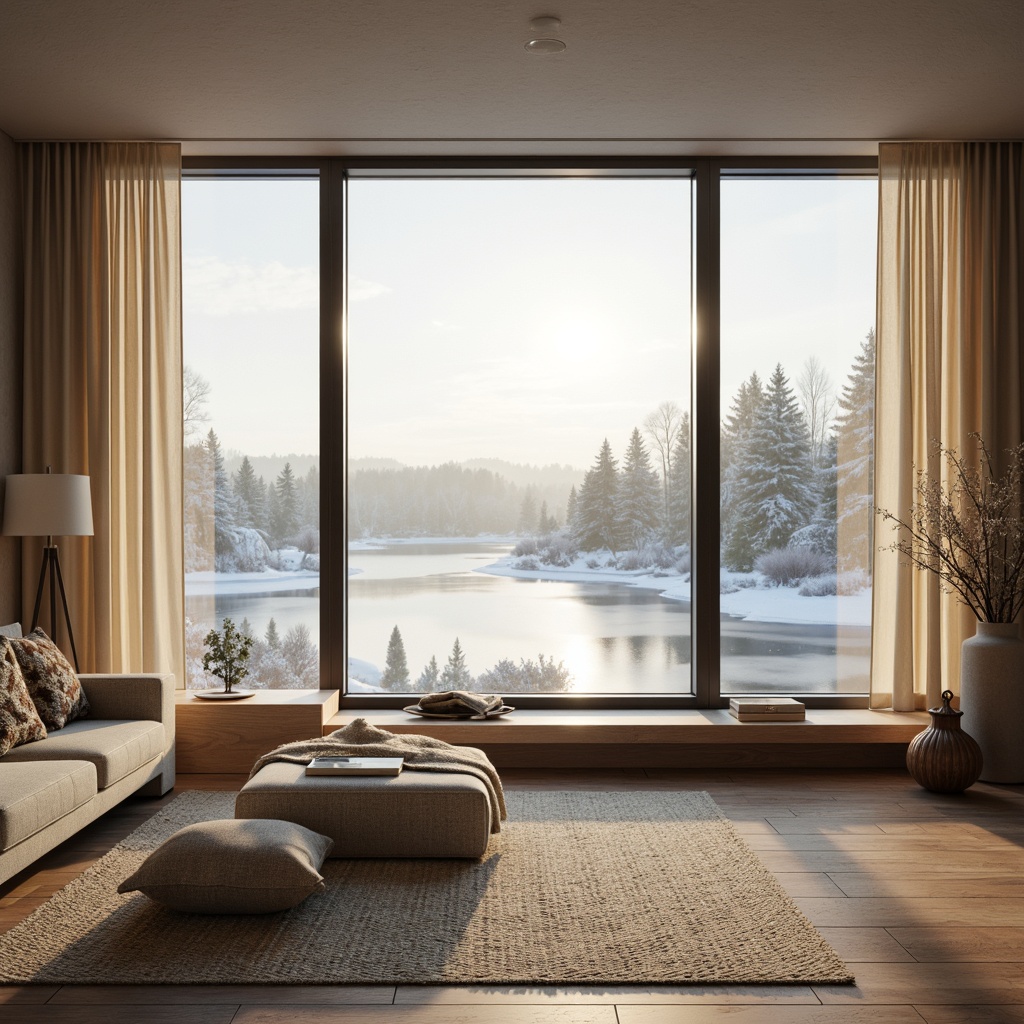 Prompt: Frosted glass windows, natural wood accents, creamy whites, warm beiges, soft grays, calming blues, earthy browns, woven textiles, organic patterns, cozy throw blankets, minimalist decor, Nordic-inspired architecture, snowy landscapes, frozen lakes, misty forests, morning sunlight, soft focus, shallow depth of field, 2/3 composition, warm atmospheric lighting.