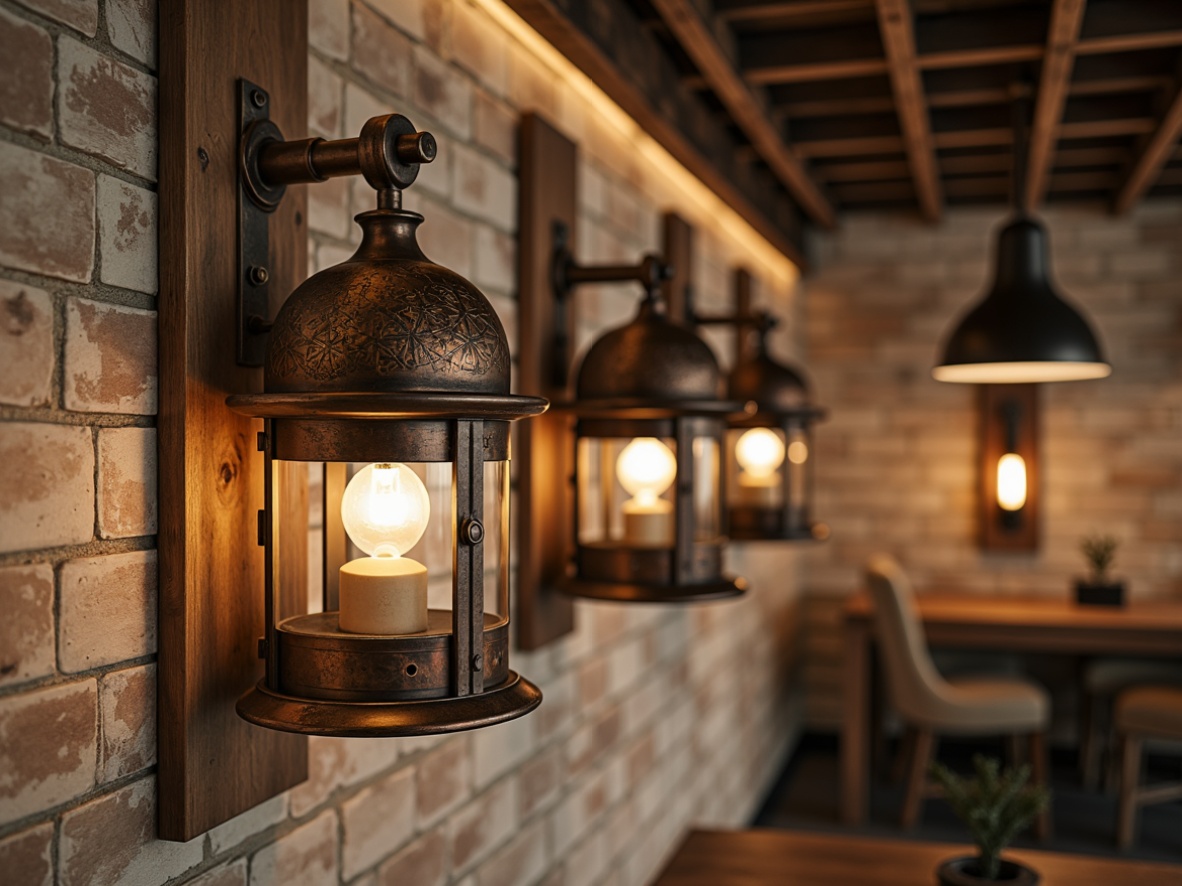 Prompt: Distressed metal lanterns, rustic wooden sconces, vintage-inspired pendant lights, exposed brick walls, reclaimed wood accents, natural textiles, earthy color palette, soft warm glow, industrial-chic metal shades, ornate metalwork details, distressed finishes, aged copper fixtures, warm beige tones, cozy atmosphere, 1/2 composition, soft focus, ambient occlusion.