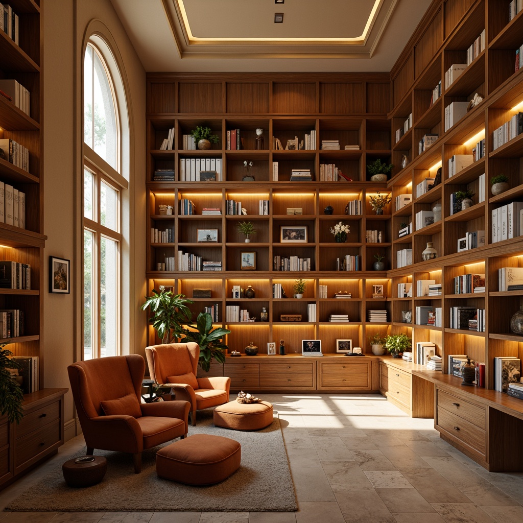 Prompt: Warm beige walls, rich wood accents, comfortable reading nooks, plush velvet armchairs, soft golden lighting, tranquil atmosphere, floor-to-ceiling bookshelves, ladder access, cozy study corners, natural stone floors, earthy tone rugs, calming color scheme, soothing ambient sounds, gentle warm air, 1/1 composition, shallow depth of field, realistic textures, ambient occlusion.