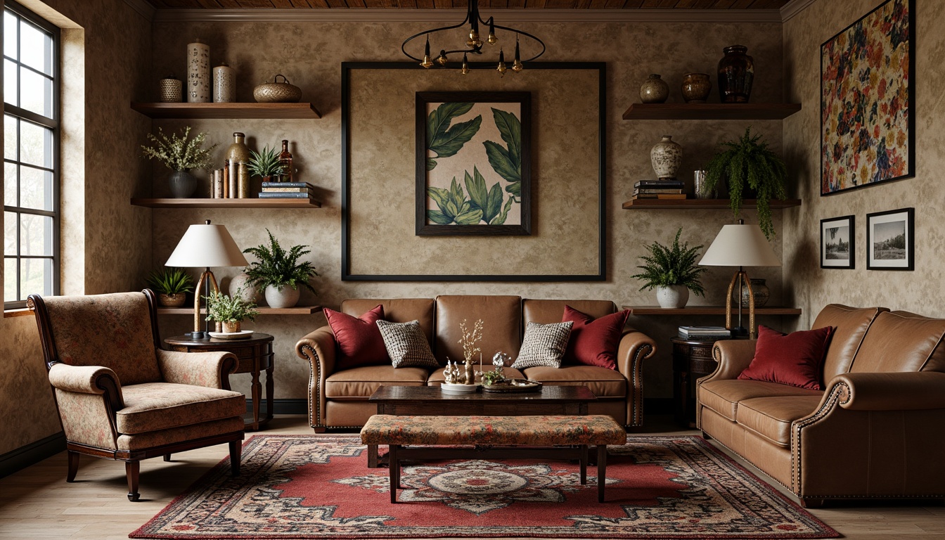 Prompt: Vintage armchair, distressed leather upholstery, ornate wooden carvings, velvet pillows, antique coffee table, reclaimed wood shelving, industrial metal lighting, abstract artwork, Moroccan-inspired tiles, eclectic rug patterns, warm earthy tones, rich textures, bohemian vibes, cozy throw blankets, nature-inspired accents, oversized floor lamps, unique sculptural pieces.