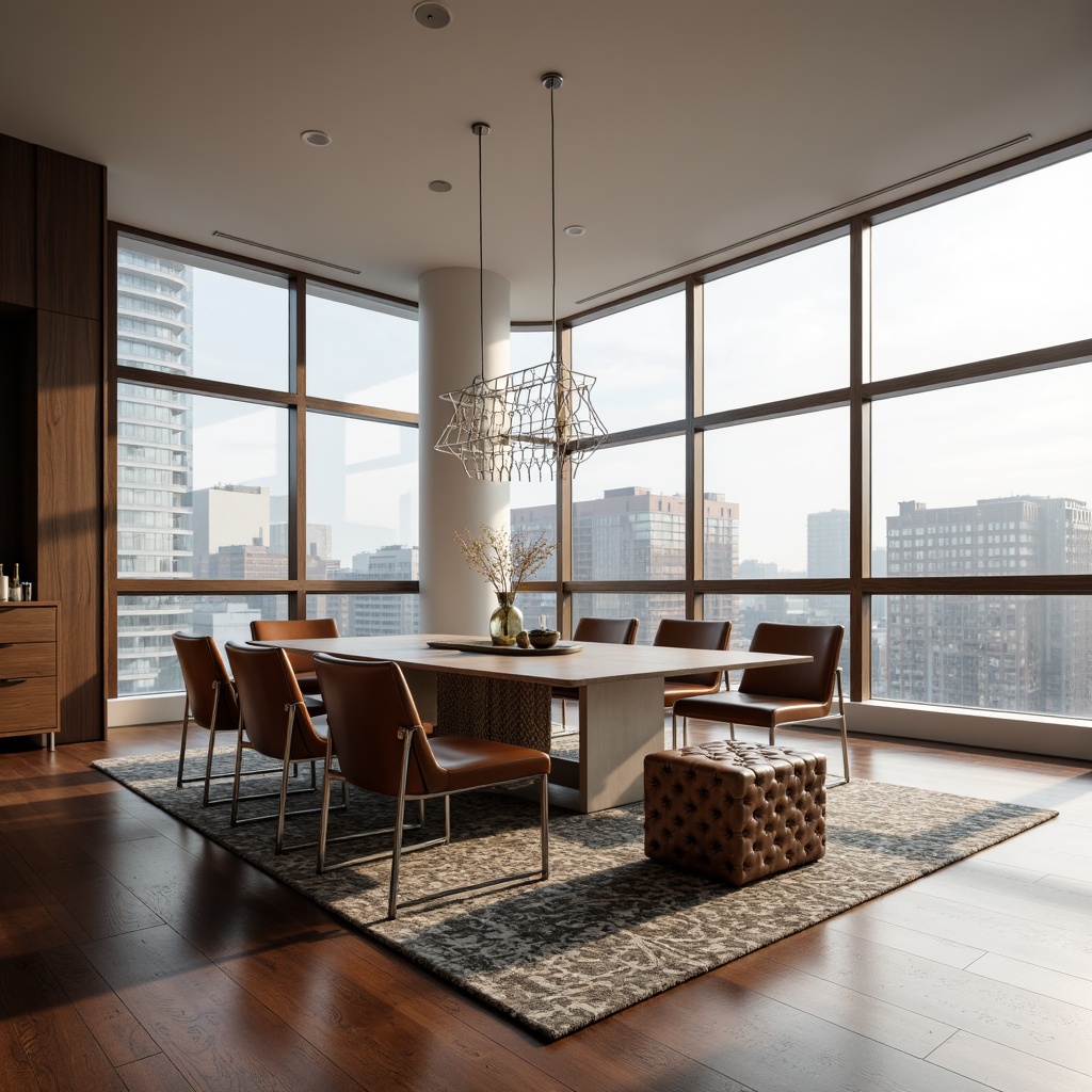 Prompt: Modern dining room, sleek wooden floor, minimalist decor, elegant chandelier, rectangular dining table, leather upholstered chairs, metallic leg details, tufted ottoman, geometric patterned rug, floor-to-ceiling windows, natural light pouring in, urban cityscape view, subtle color palette, sophisticated ambiance, 1/2 composition, softbox lighting, realistic reflections.