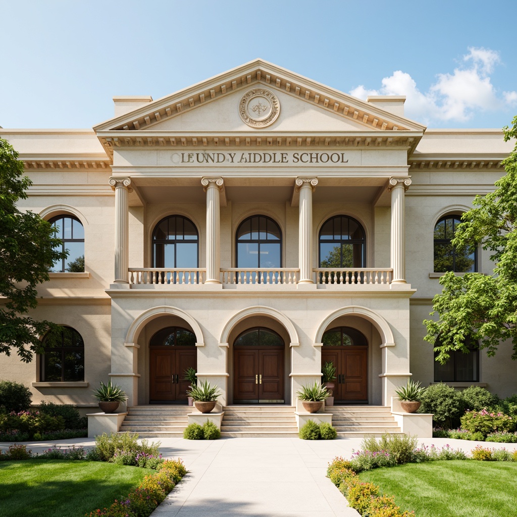 Prompt: Grand middle school entrance, majestic columns, ornate capitals, symmetrical facade, creamy white marble, intricate moldings, arched windows, rusticated base, classical pediment, decorative frieze, warm beige stone walls, manicured lawn, lush greenery, blooming flowers, sunny day, soft natural lighting, shallow depth of field, 3/4 composition, realistic textures, ambient occlusion.