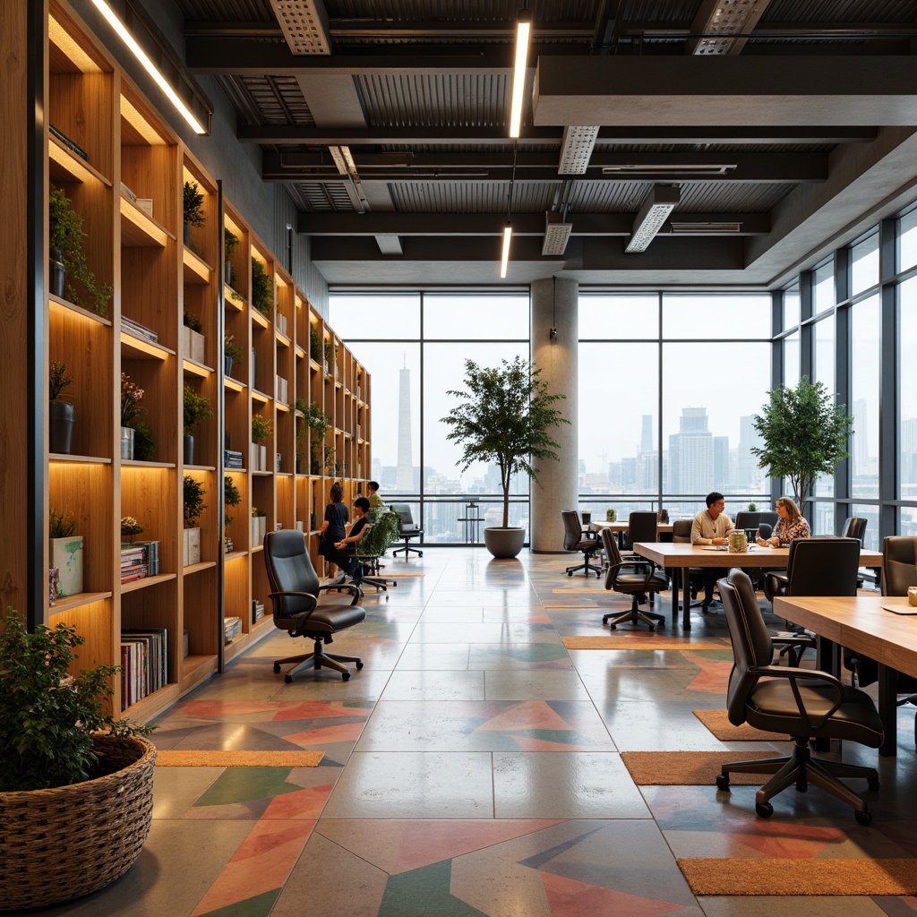 Prompt: Vibrant Asian-inspired distribution centers, modern innovative workstations, minimalist desks, ergonomic chairs, natural wood accents, warm lighting, open shelving, colorful ceramic tiles, geometric patterns, bamboo textures, sleek metal frames, floor-to-ceiling windows, urban cityscape views, soft misty atmosphere, 1/1 composition, realistic rendering, ambient occlusion.