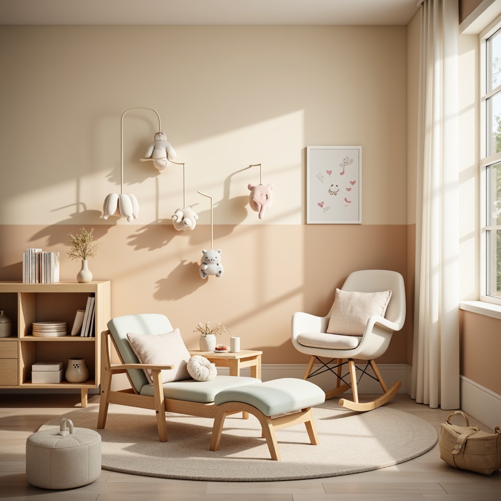 Prompt: Soft pastel colors, gentle nursery rhyme patterns, plush toys, cozy baby blankets, warm beige walls, natural wood crib, comfortable glider rocker, calming mobiles, serene ambient lighting, soft focus photography, shallow depth of field, 1/2 composition, intimate portrait view, realistic textures, subtle shadows.