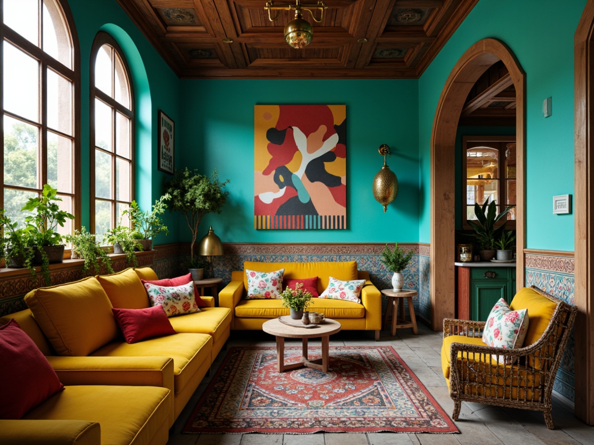 Prompt: Vibrant eclectic interior, rich turquoise walls, bold yellow furniture, distressed wooden accents, plush velvet upholstery, vintage Moroccan tiles, intricate Indian patterns, ornate gold fixtures, rustic metal lanterns, lush greenery, natural stone flooring, abstract artwork, colorful woven textiles, warm soft lighting, cozy atmospheric ambiance, 1/2 composition, shallow depth of field, realistic textures.