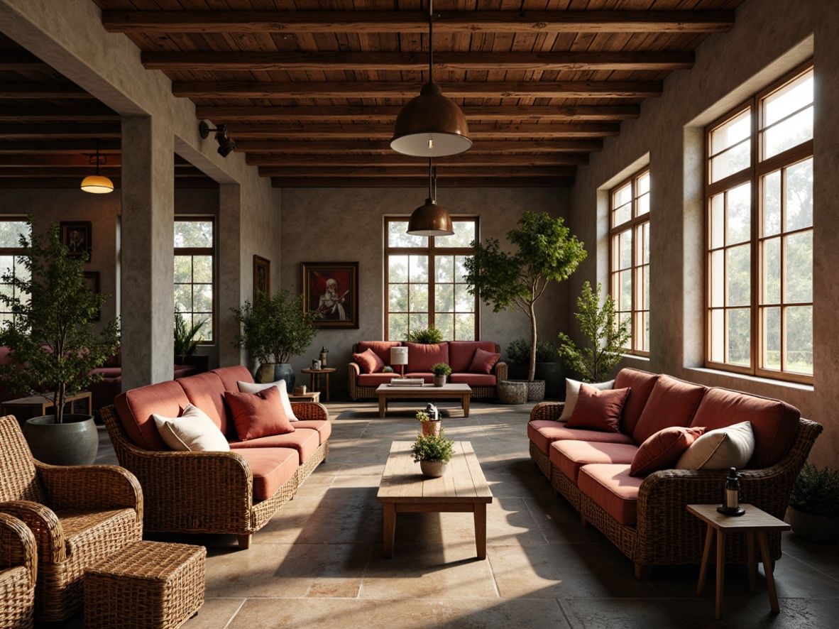 Prompt: Rustic factory interior, distressed wooden beams, earthy color palette, woven wicker furniture, plush velvet sofas, ornate metal accents, vintage industrial lighting, reclaimed wood tables, natural stone flooring, potted olive trees, warm candlelight, soft shadows, 1/1 composition, realistic textures, ambient occlusion.