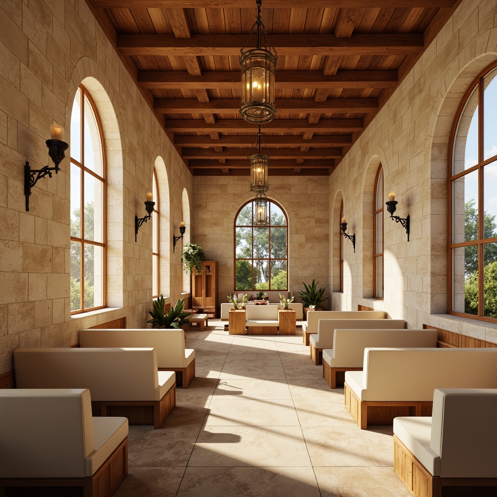 Prompt: Warm beige stone walls, rich wood accents, soft cream-colored pews, elegant chandeliers, stained glass windows, subtle golden lighting, ornate metal fixtures, classic archways, serene atmosphere, calming color scheme, earthy tones, natural textures, spiritual ambiance, peaceful sanctuary, warm neutral hues, creamy whites, gentle pastels, subtle patterns, traditional architectural details, symmetrical composition, soft focus, atmospheric perspective.