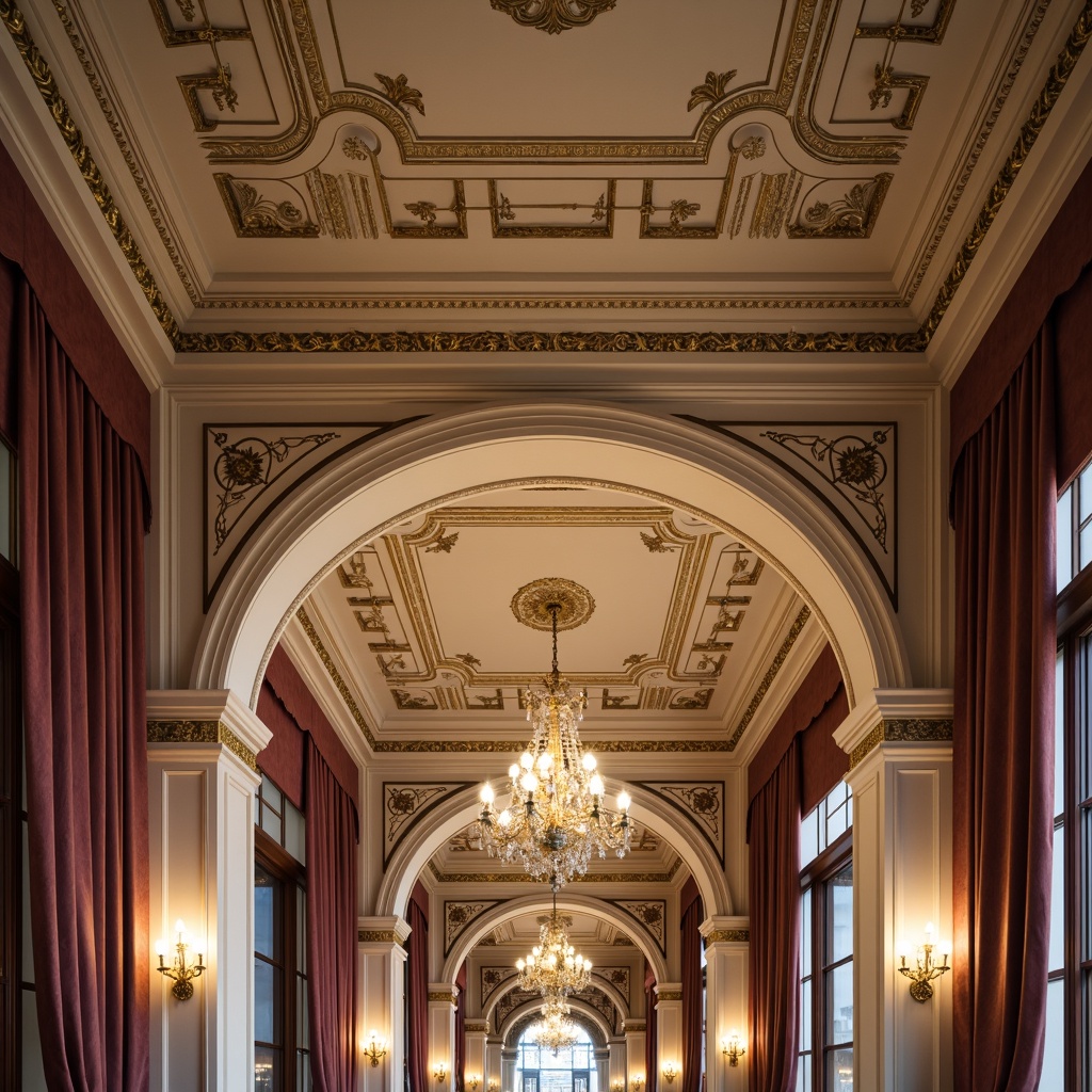 Prompt: Intricate ceiling moldings, ornate plasterwork, decorative cornices, grand chandeliers, symmetrical compositions, high ceilings, luxurious fabrics, subtle warm lighting, soft color palette, neoclassical architectural style, elegant proportions, refined details, classical motifs, subtle textures, ambient occlusion, realistic reflections, 1/1 composition, shallow depth of field.