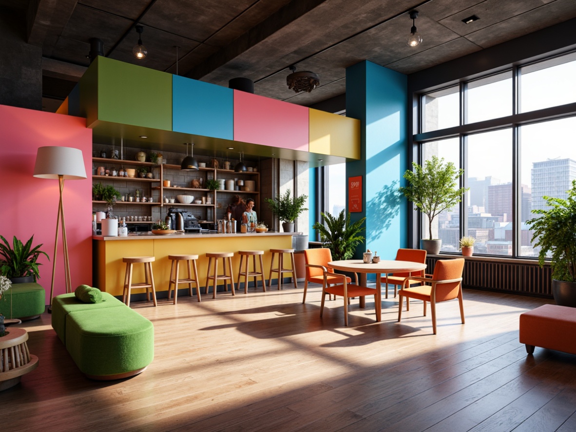 Prompt: Vibrant modern design, bold bright colors, pastel hues, metallic accents, glossy finishes, sleek lines, minimalist aesthetic, urban cityscape, trendy coffee shop, industrial chic atmosphere, natural light pouring in, shallow depth of field, 1/2 composition, warm and inviting ambiance, realistic textures, ambient occlusion.