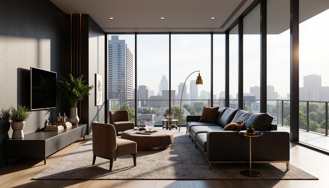 Prompt: Sleek modern apartment, minimalist decor, low-profile furniture, curved lines, chrome accents, luxurious velvet upholstery, monochromatic color scheme, geometric patterns, floor-to-ceiling windows, cityscape views, natural light pouring in, soft warm ambiance, 1/1 composition, shallow depth of field, realistic textures, ambient occlusion, Scandinavian-inspired design, industrial chic elements, metallic sheen, statement lighting fixtures, abstract artwork, greenery accents.