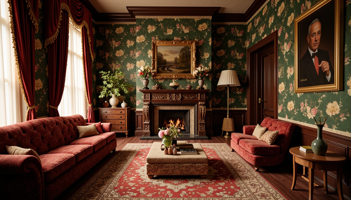 Prompt: Opulent velvet fabrics, rich jewel-toned colors, intricate floral patterns, luxurious silk drapes, heavy tassel trim, ornate carved wood furniture, tufted upholstery, plush cushions, lavish lace details, warm golden lighting, soft diffused shadows, 1/1 composition, intimate atmosphere, nostalgic ambiance, vintage decorative accessories.