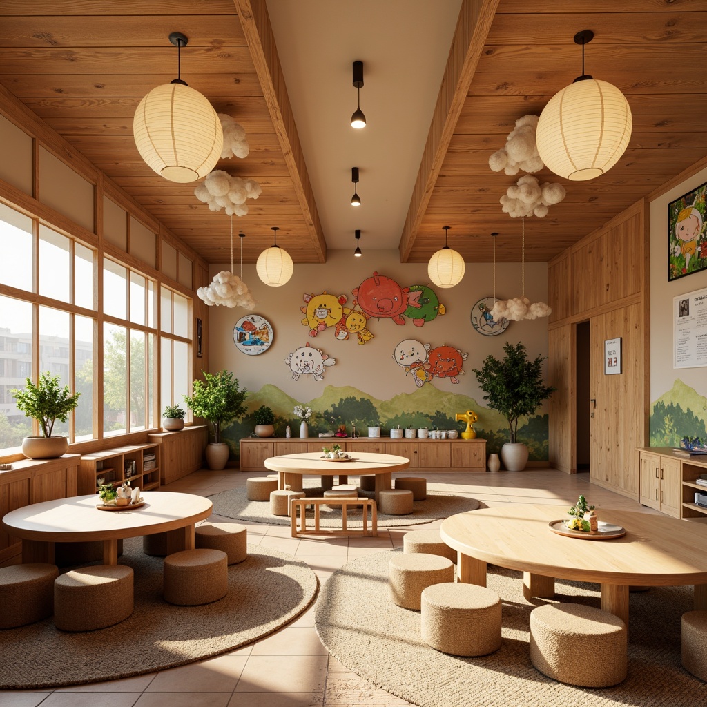 Prompt: Vibrant kindergarten interior, traditional Asian-inspired decor, paper lanterns, colorful koi fish mobiles, natural wood accents, woven bamboo chairs, soft warm lighting, hanging rice paper lamps, minimalist metal fixtures, LED string lights, cozy reading nooks, textured rug patterns, earthy tone color scheme, playful cartoon character decorations, whimsical cloud-shaped ceiling installations, warm beige walls, nature-inspired art pieces, educational wall murals, fun interactive play areas, circular tables with rounded stools.