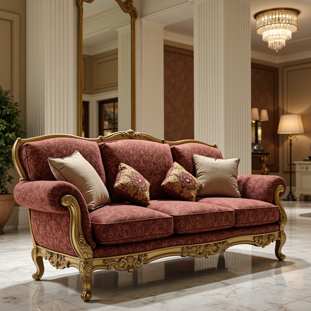 Prompt: Elegant sofa, velvet upholstery, golden accents, ornate carvings, luxurious fabrics, refined proportions, curved legs, intricate patterns, subtle ornamentation, cream-colored walls, rich wood tones, polished marble floors, crystal chandeliers, soft warm lighting, shallow depth of field, 1/1 composition, realistic textures, ambient occlusion.