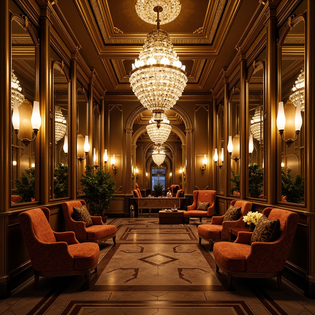 Prompt: Luxurious Art Deco interior, metallic accents, ornate mirrors, glamorous chandeliers, sconce lighting, geometric patterns, rich textiles, velvet fabrics, metallic leafing, opulent furnishings, curved lines, symmetrical composition, warm golden lighting, soft shadows, high-contrast ratio, dramatic ambiance, 1/2 composition, low-angle shot, cinematic mood, realistic reflections, detailed textures.