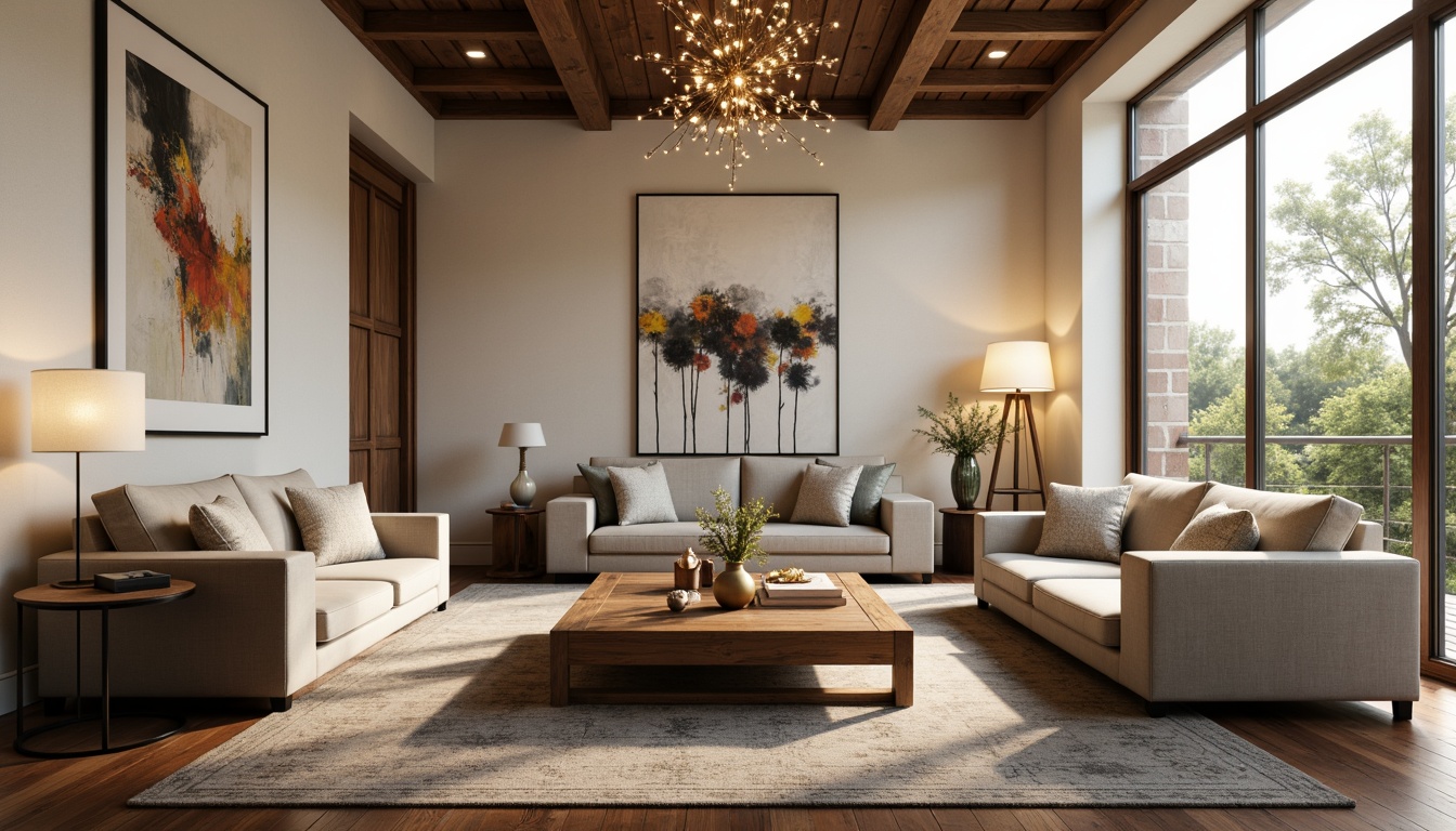 Prompt: Luxurious living room, plush velvet sofas, wooden coffee tables, floor lamps, abstract artwork, modern chandeliers, cream-colored walls, dark hardwood floors, cozy throw blankets, oversized windows, natural light pouring in, soft warm glow, 3/4 composition, atmospheric depth of field, realistic textures, ambient occlusion.