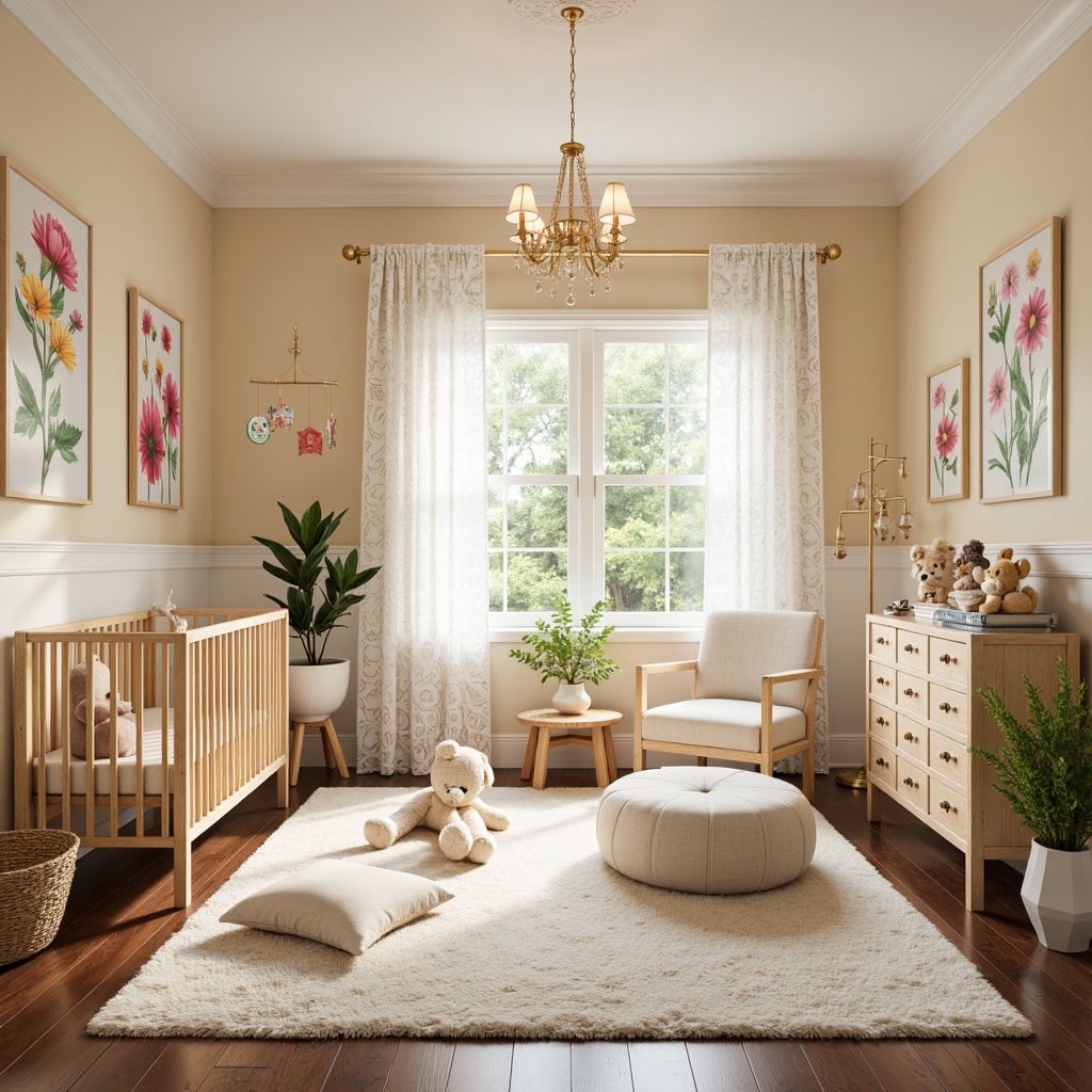 Prompt: Whimsical nursery, soft pastel colors, gentle cream accents, plush area rug, modern crib, elegant chandelier, delicate lace curtains, natural wood furniture, vibrant floral patterns, cute stuffed animals, playful mobiles, warm beige walls, creamy white trim, subtle gold hardware, dainty porcelain vases, lush greenery, diffused softbox lighting, shallow depth of field, 1/1 composition, intimate atmosphere.