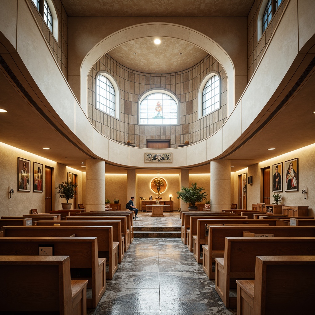 Prompt: Elegant worship space, curved lines, minimalist decor, sacred symbols, stained glass windows, vaulted ceilings, ornate furnishings, polished marble floors, intricate mosaics, gilded accents, symmetrical composition, soft warm lighting, shallow depth of field, 3/4 perspective, panoramic view, realistic textures, ambient occlusion, futuristic streamlining, aerodynamic shapes, metallic materials, sleek surfaces, dynamic curves, innovative spatial arrangements, adaptive reuse of industrial spaces, harmonious fusion of spirituality and modernity.