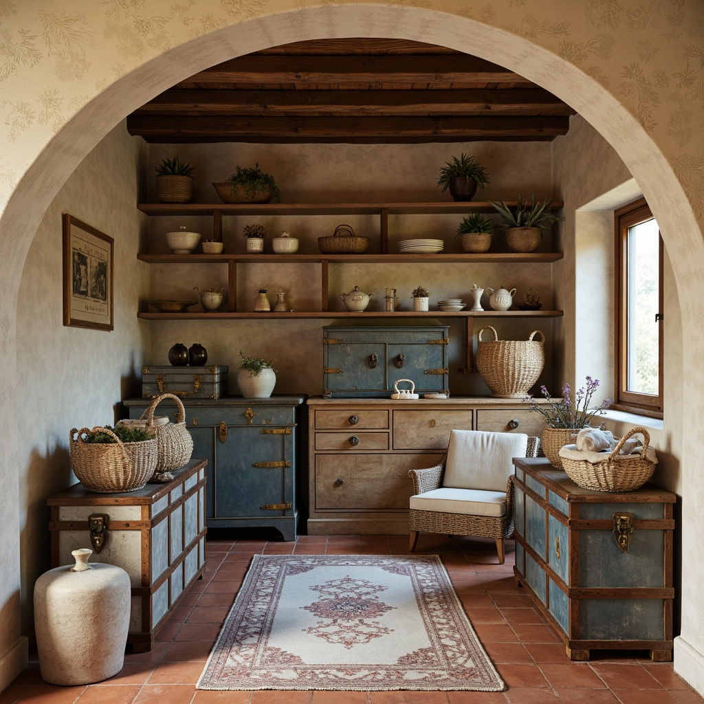 Prompt: Rustic storage room, distressed wooden crates, vintage metal trunks, soft warm beige walls, earthy terracotta floors, natural stone accents, creamy whites, muted blues, faded reds, elegant gold hardware, ornate ironwork, floral patterns, woven baskets, linen fabrics, ambient warm lighting, shallow depth of field, 2/3 composition, inviting atmosphere.